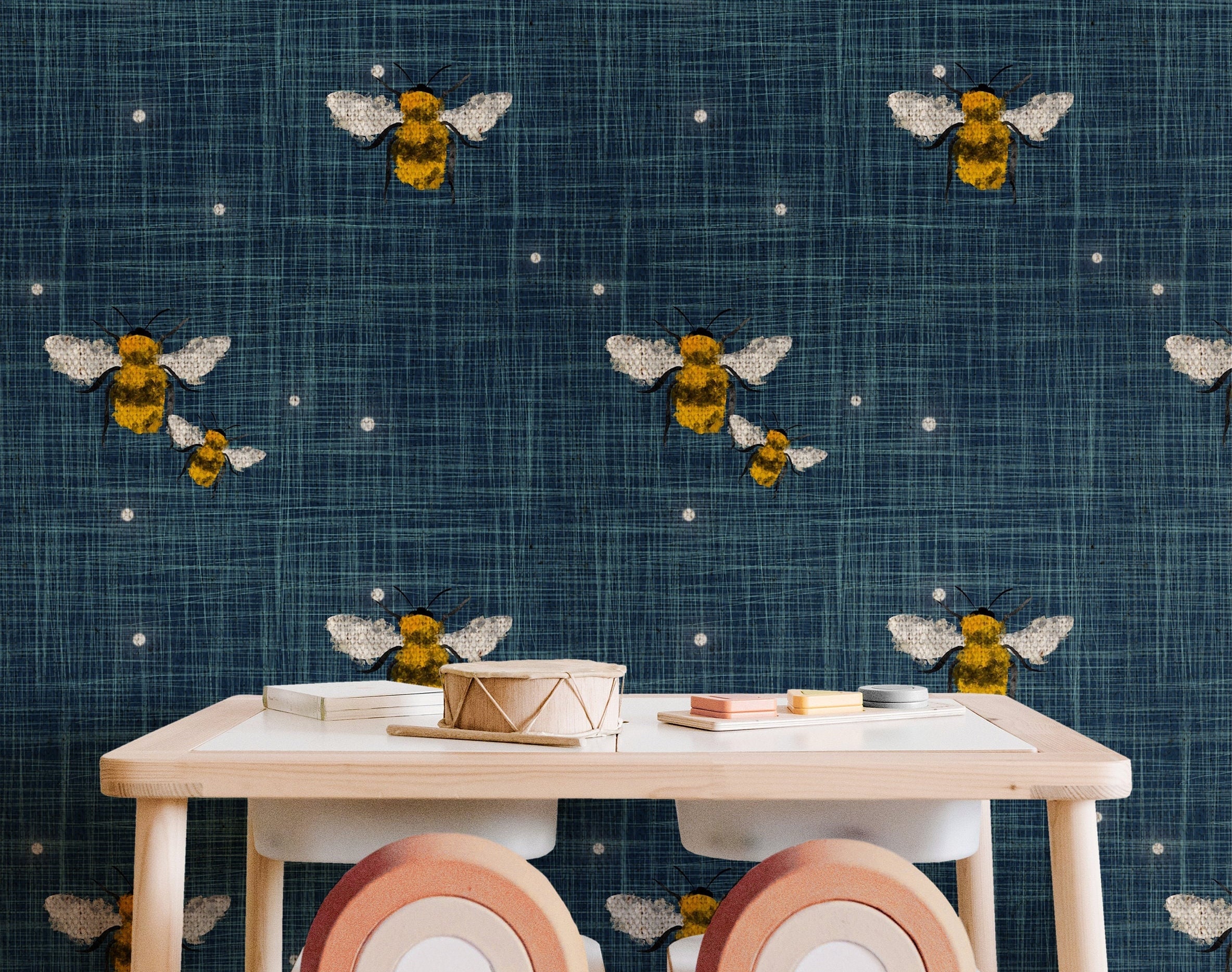 Bumble Bee Denim Wallpaper | Girls Nursery Wallpaper | Kids Wallpaper | Childrens Wallpaper | Peel Stick Removable Wallpaper | 133 - JamesAndColors