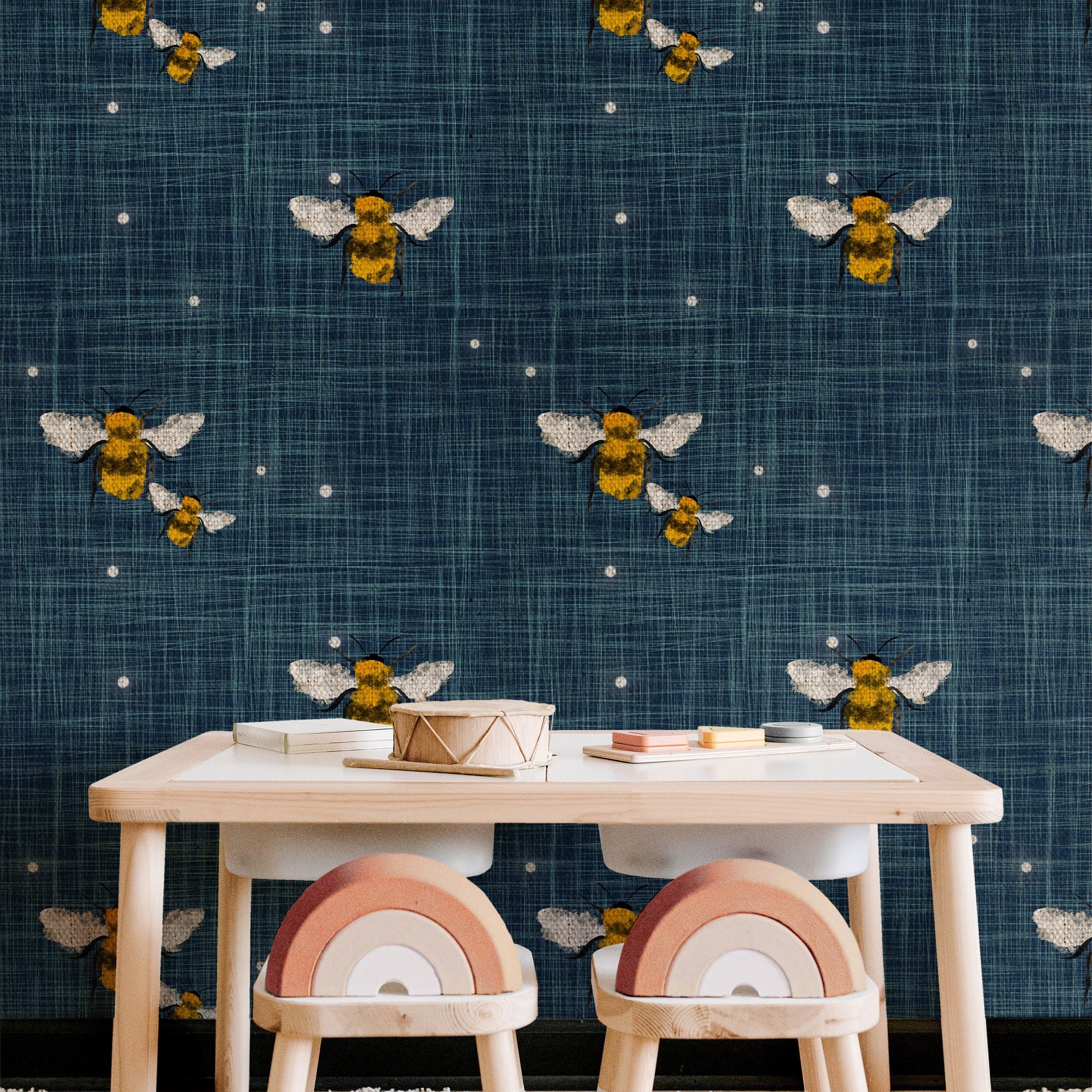 Bumble Bee Denim Wallpaper | Girls Nursery Wallpaper | Kids Wallpaper | Childrens Wallpaper | Peel Stick Removable Wallpaper | 133 - JamesAndColors