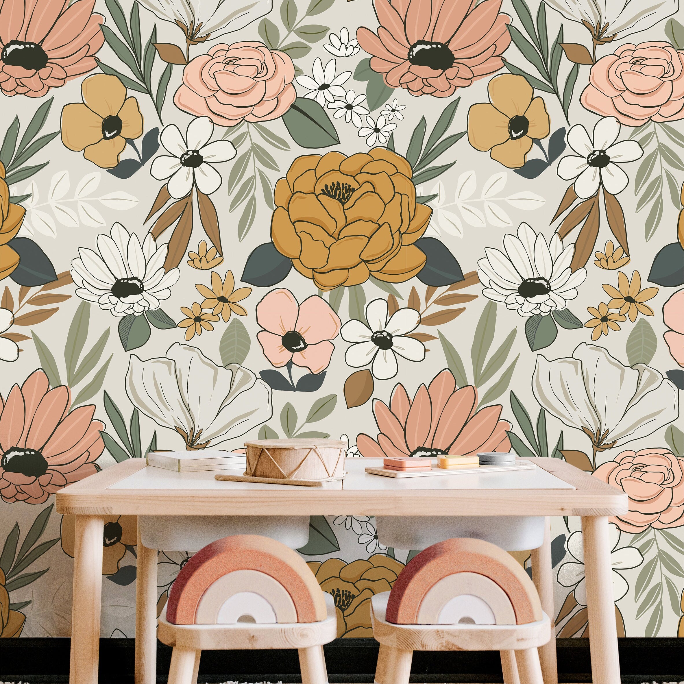 Vintage Cream Floral Wallpaper | Girls Nursery Wallpaper | Kids Wallpaper | Childrens Wallpaper | Peel Stick Removable Wallpaper | 135 - JamesAndColors