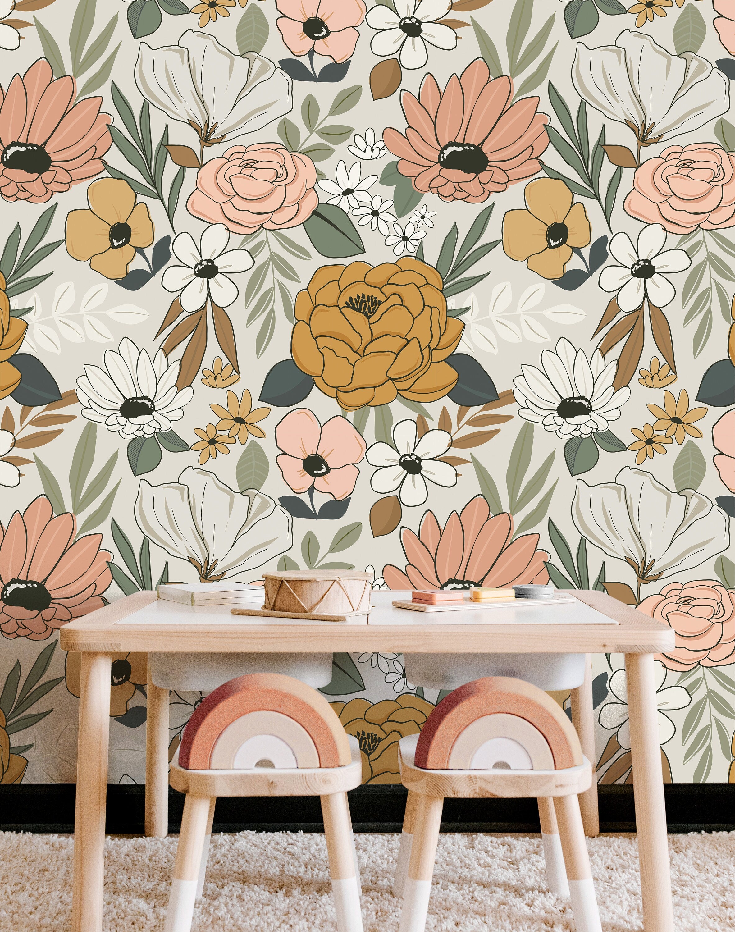 Vintage Cream Floral Wallpaper | Girls Nursery Wallpaper | Kids Wallpaper | Childrens Wallpaper | Peel Stick Removable Wallpaper | 135 - JamesAndColors