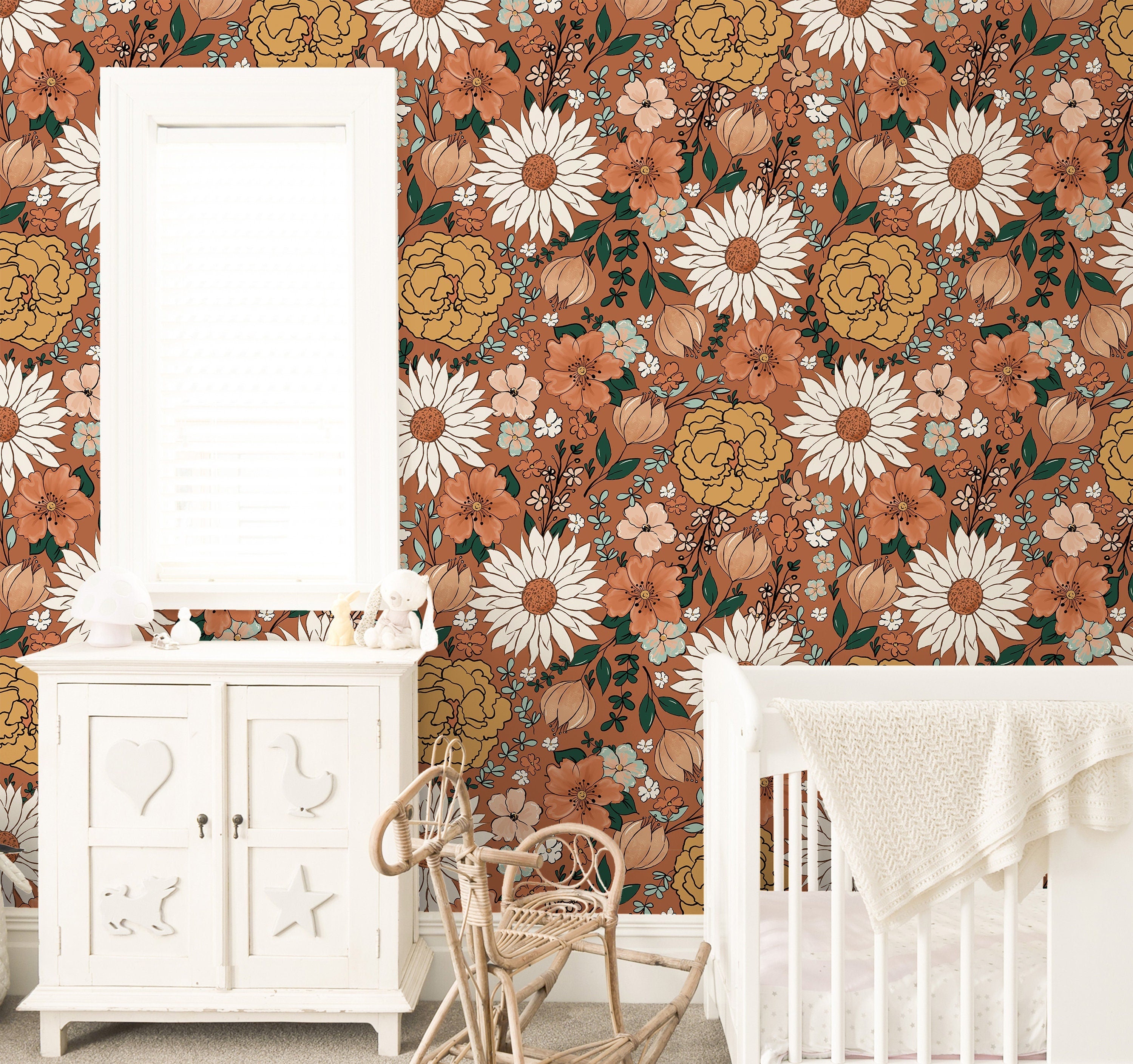 Vintage Floral Wallpaper | Girls Nursery Wallpaper | Kids Wallpaper | Childrens Wallpaper | Peel Stick Removable Wallpaper | 129 - JamesAndColors