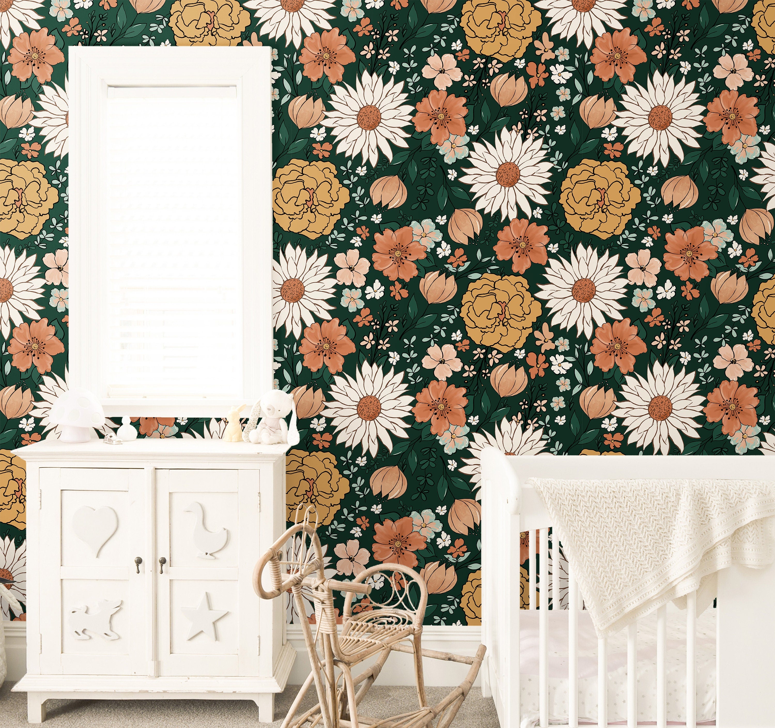 Vintage Floral Dark Green Wallpaper | Girls Nursery Wallpaper | Kids Wallpaper | Childrens Wallpaper | Peel Stick Removable Wallpaper | 137 - JamesAndColors