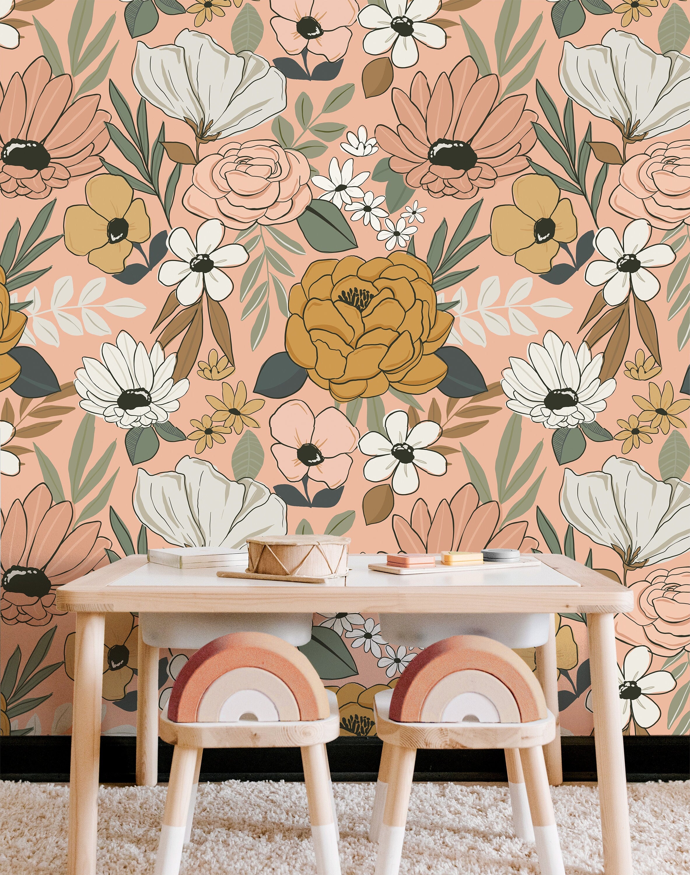 Vintage Light Pink Floral Wallpaper | Girls Nursery Wallpaper | Kids Wallpaper | Childrens Wallpaper | Peel Stick Removable Wallpaper | 136 - JamesAndColors