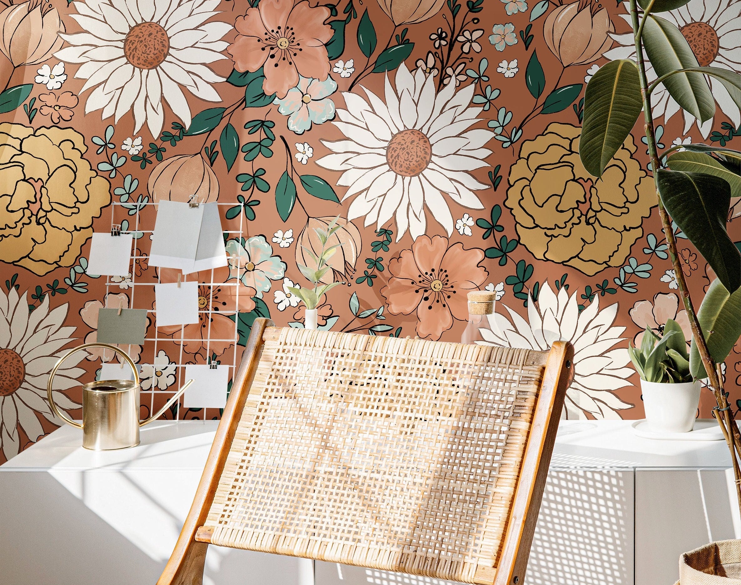 Wallpaper 143: A cozy terracotta floral wallpaper featuring delicate hand-painted wildflowers in soft cream, mustard, and earthy green hues, creating a warm and inviting atmosphere perfect for modern boho and farmhouse interiors.