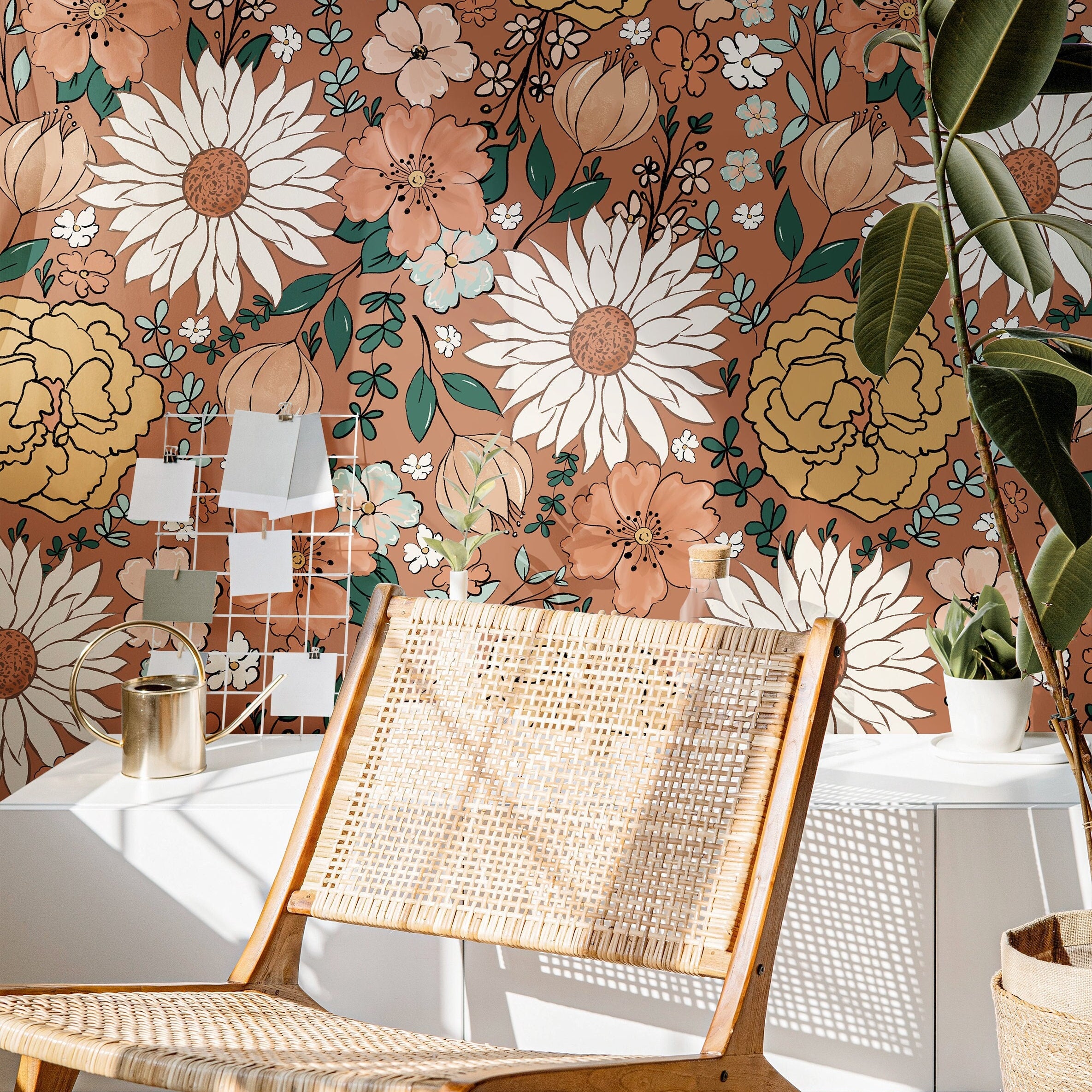 Wallpaper 143: A cozy terracotta floral wallpaper featuring delicate hand-painted wildflowers in soft cream, mustard, and earthy green hues, creating a warm and inviting atmosphere perfect for modern boho and farmhouse interiors.