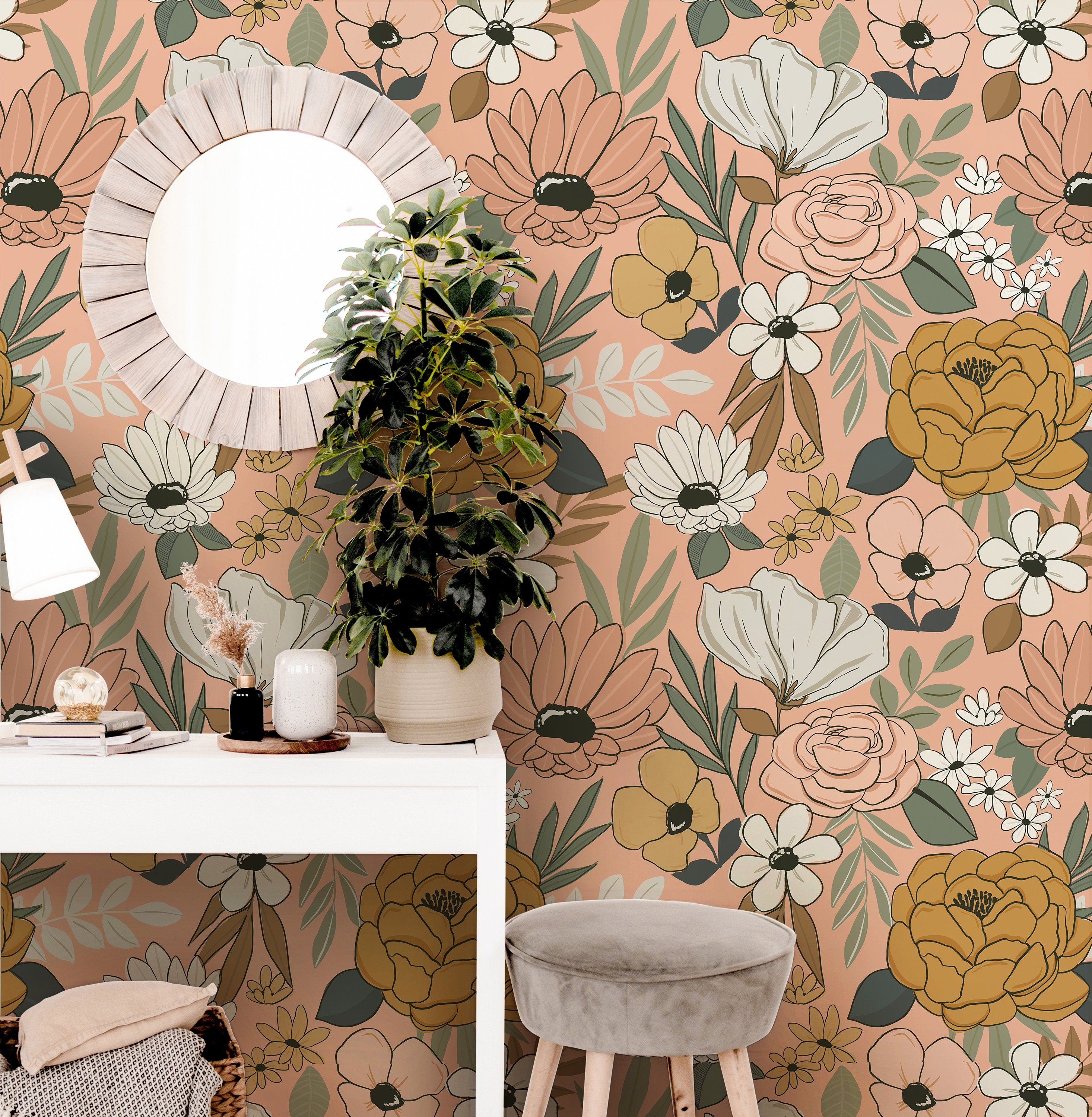 Pink Vintage Floral Wallpaper Peel and Stick Wallpaper Removable Wallpaper Wall Decor Home Decor Wall Art Printable Wall Art Room Decor 140 - JamesAndColors