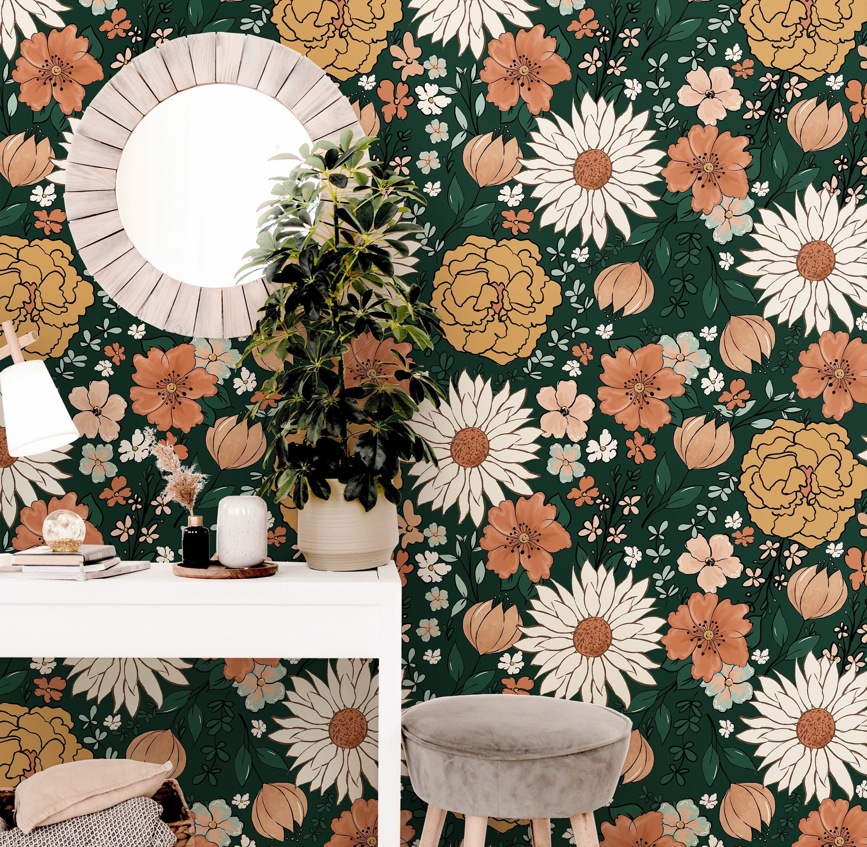 Wallpaper 145: A dark green floral wallpaper featuring a rich botanical pattern of daisies, peonies, and leaves, perfect for vintage-inspired or modern home decor.