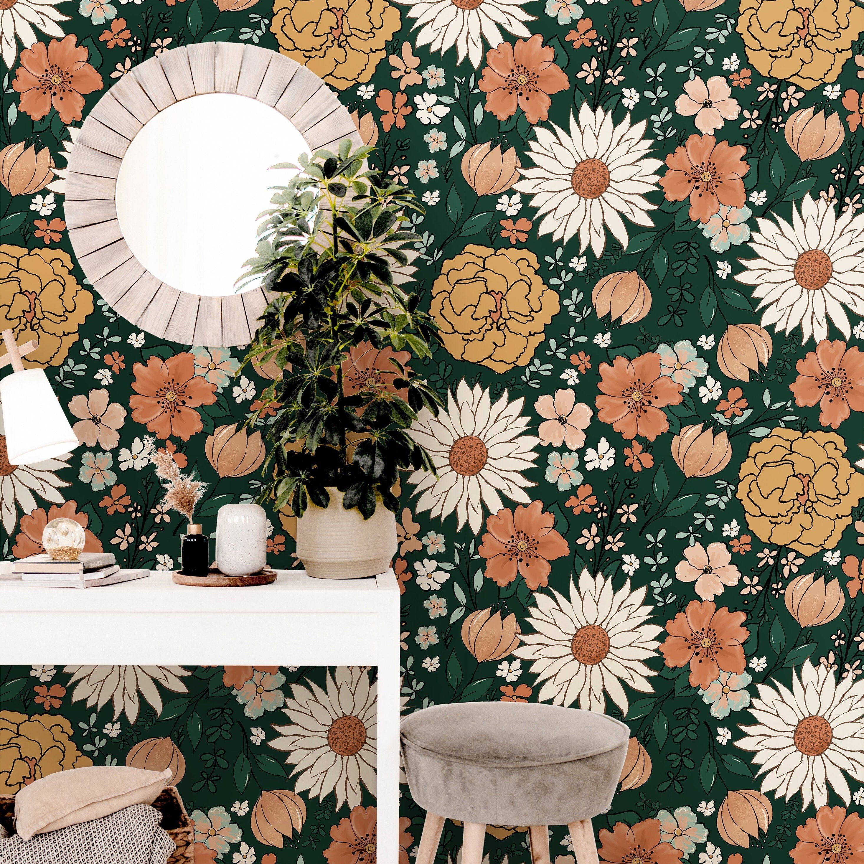 Wallpaper 145: A dark green floral wallpaper featuring a rich botanical pattern of daisies, peonies, and leaves, perfect for vintage-inspired or modern home decor.