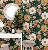 Wallpaper 145: A dark green floral wallpaper featuring a rich botanical pattern of daisies, peonies, and leaves, perfect for vintage-inspired or modern home decor.