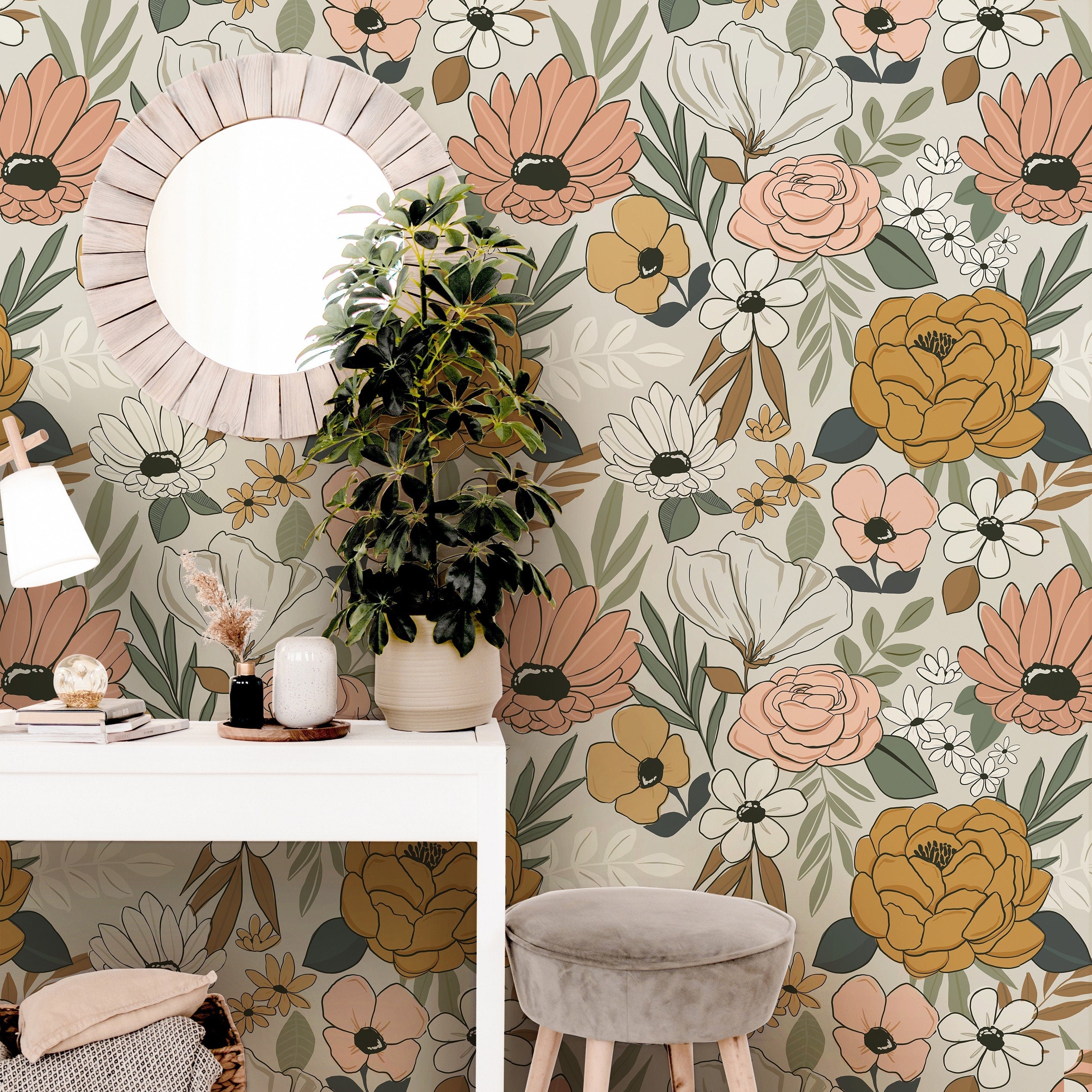 Wallpaper 141: A warm-toned boho floral wallpaper featuring earthy wildflowers and hand-drawn botanical details in soft sage, blush, and amber hues.