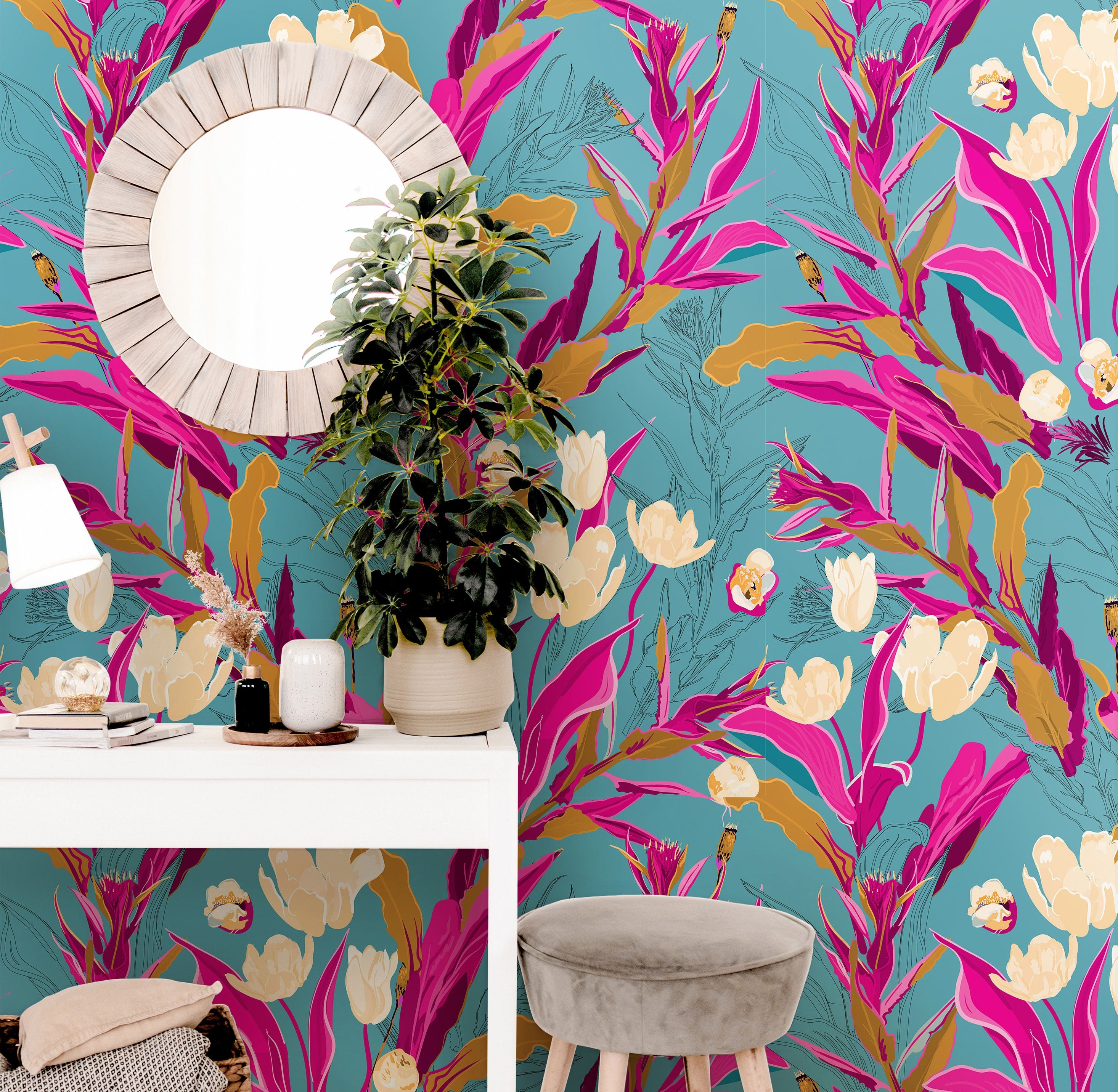 Blue Tropical Floral Wallpaper | Wallpaper Peel and Stick | Removable Wallpaper | Peel and Stick Wallpaper | Wall Paper Peel And Stick  2236 - JamesAndColors