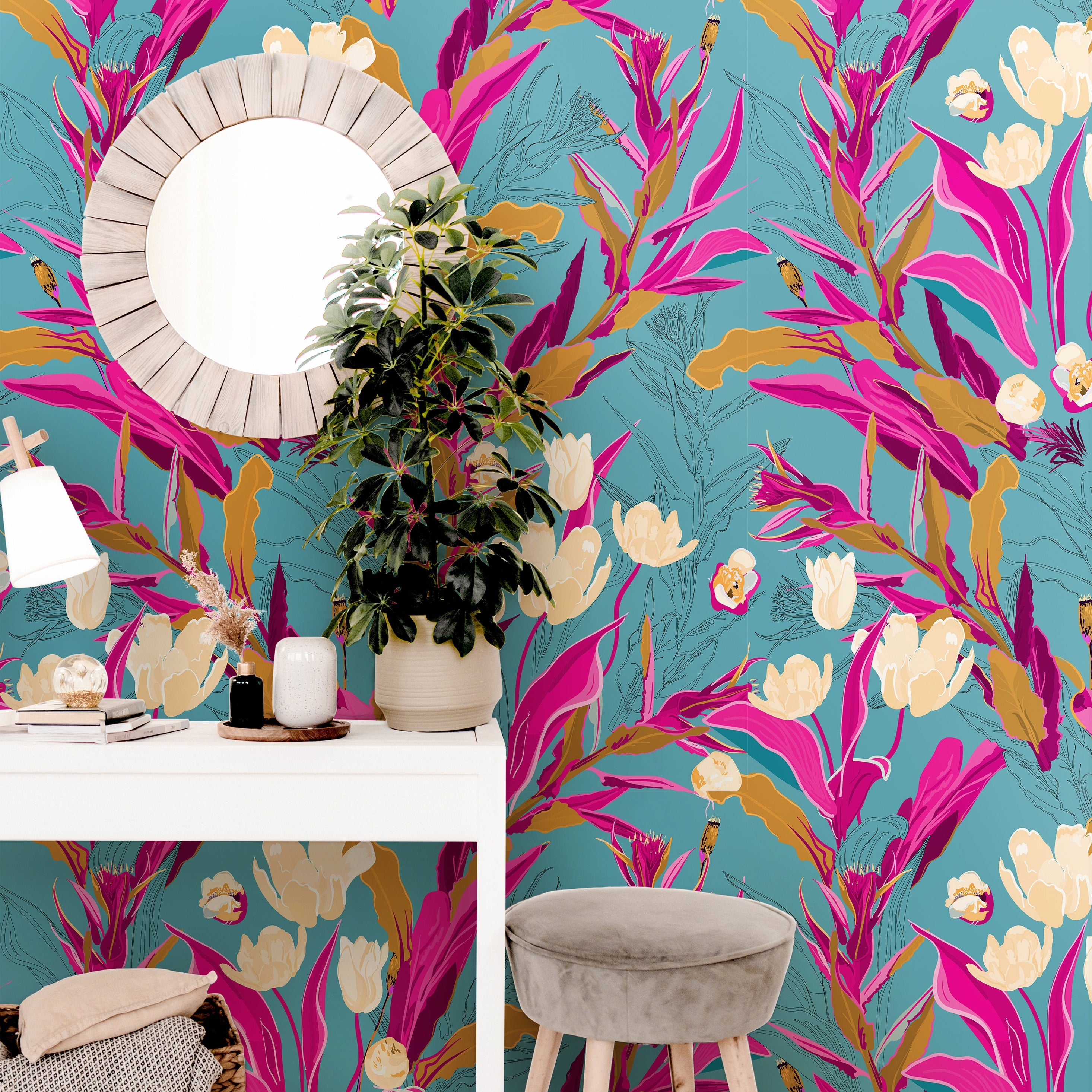 Blue Tropical Floral Wallpaper | Wallpaper Peel and Stick | Removable Wallpaper | Peel and Stick Wallpaper | Wall Paper Peel And Stick  2236 - JamesAndColors