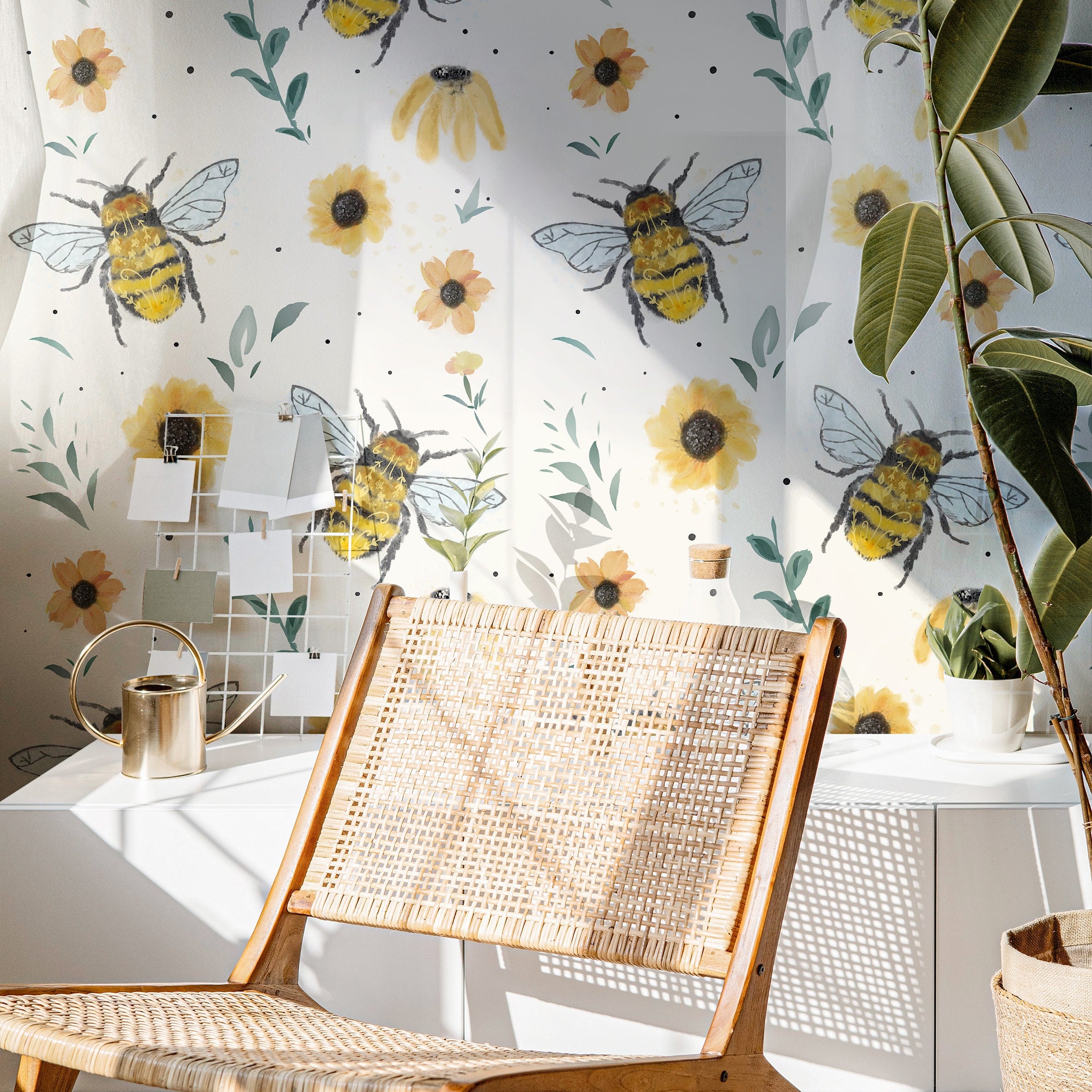 Floral Bumblebee Wallpaper Peel and Stick Wallpaper Removable Wallpaper Wall Decor Home Decor Wall Art Printable Wall Art Room Decor 148 - JamesAndColors