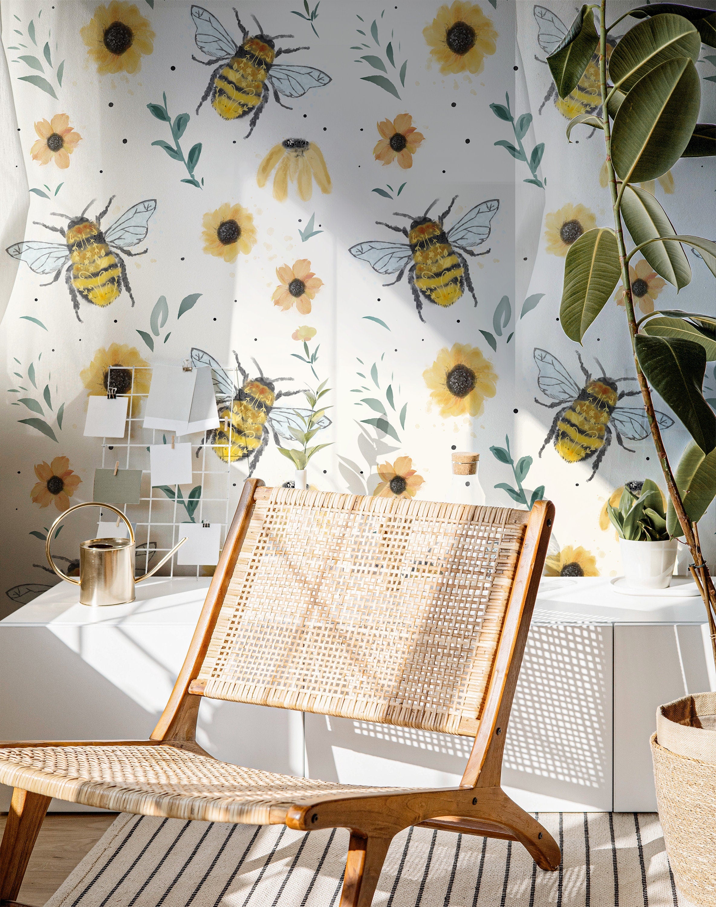Floral Bumblebee Wallpaper Peel and Stick Wallpaper Removable Wallpaper Wall Decor Home Decor Wall Art Printable Wall Art Room Decor 148 - JamesAndColors