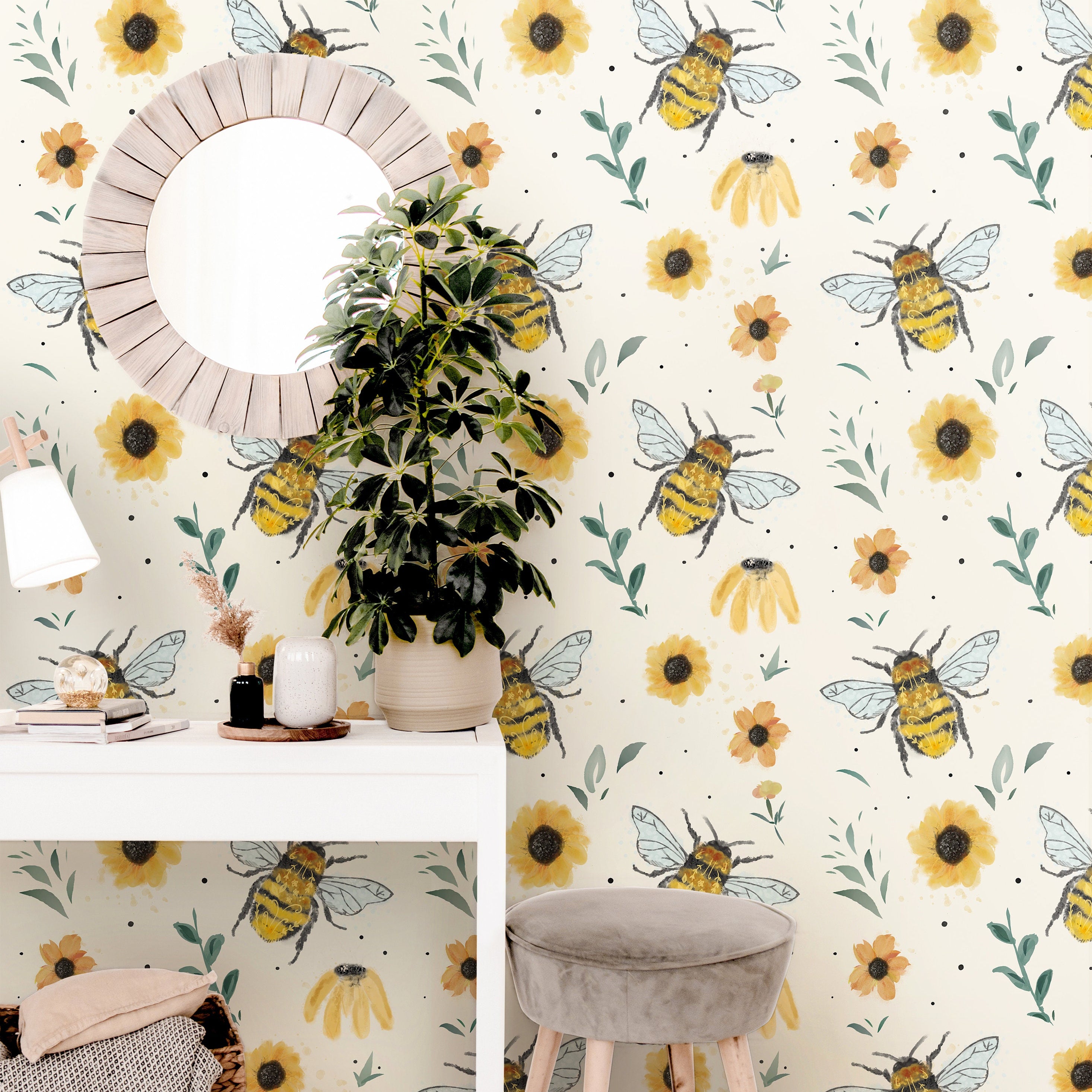 Floral Bumblebee Wallpaper Peel and Stick Wallpaper Removable Wallpaper Wall Decor Home Decor Wall Art Printable Wall Art Room Decor 148 - JamesAndColors