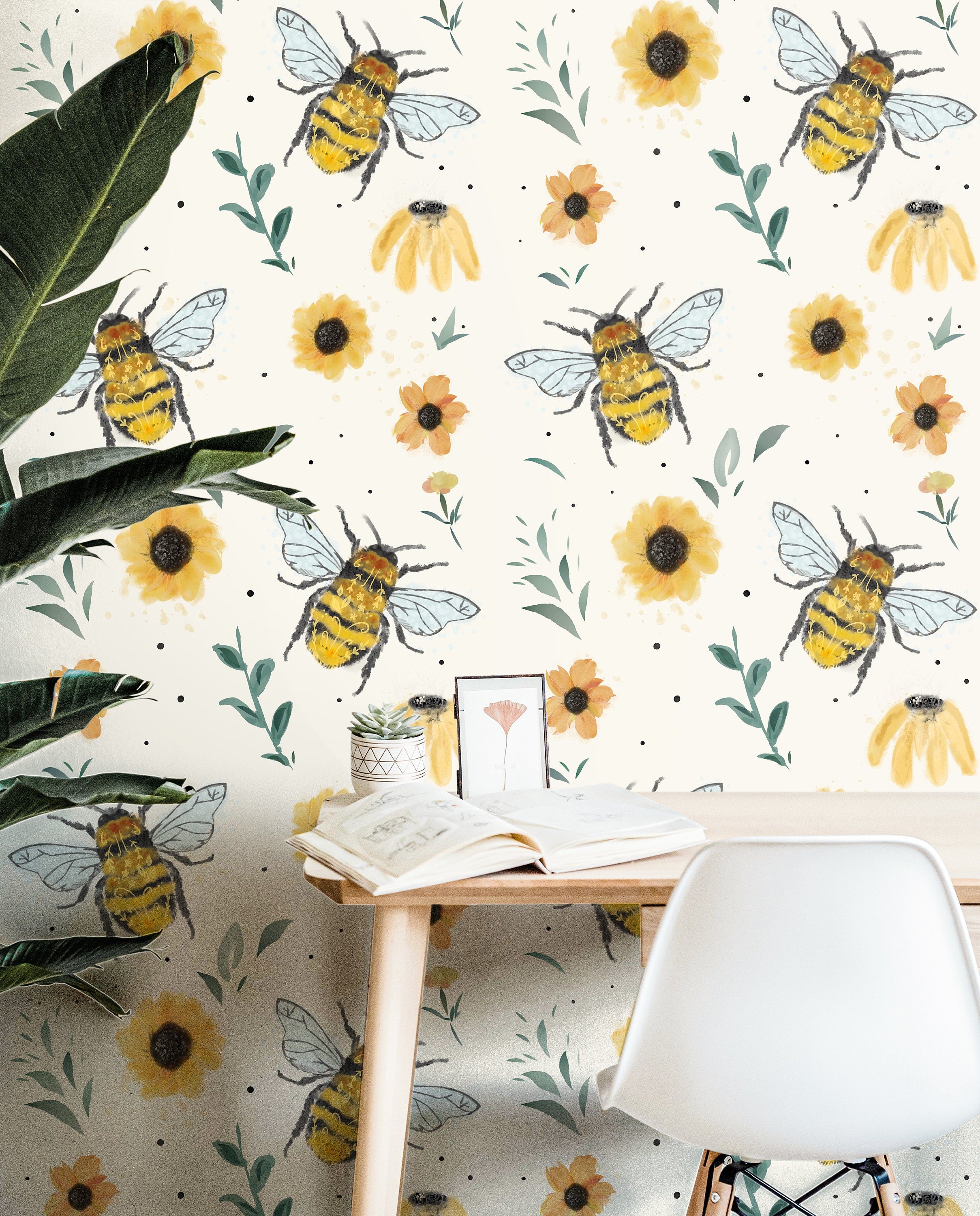 Floral Bumblebee Wallpaper Peel and Stick Wallpaper Removable Wallpaper Wall Decor Home Decor Wall Art Printable Wall Art Room Decor 148 - JamesAndColors