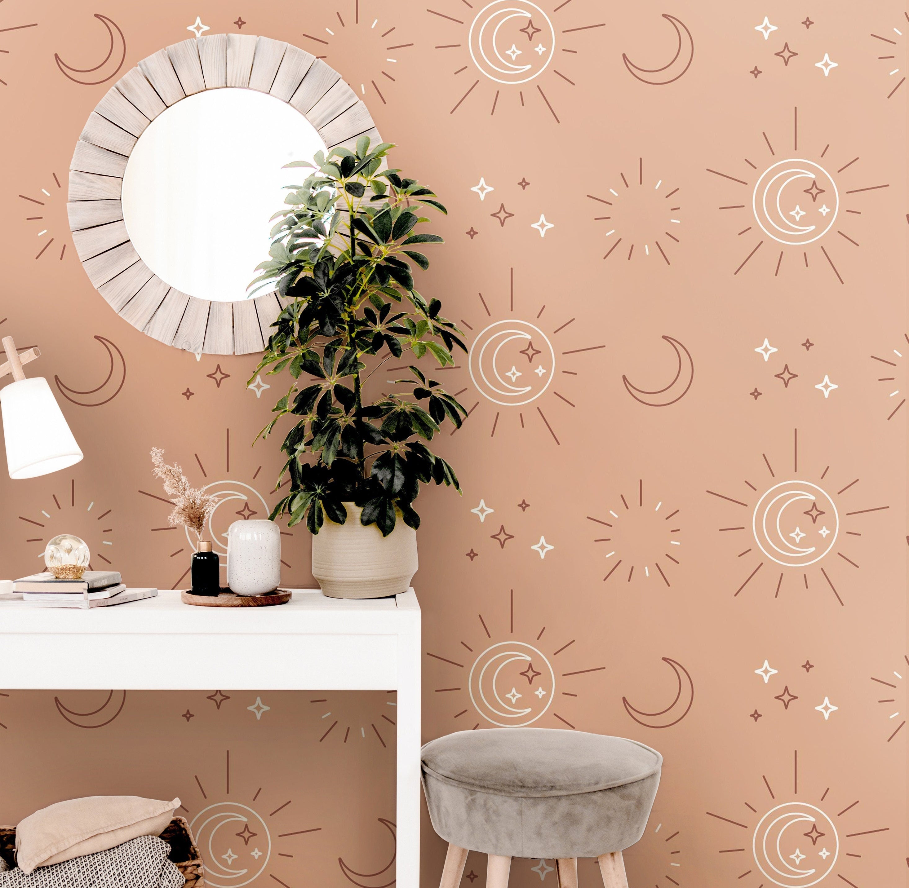Pink Boho Sun Moon Wallpaper Peel and Stick Wallpaper Removable Wallpaper Wall Decor Home Decor Wall Art Printable Wall Art Room Decor 120 - JamesAndColors