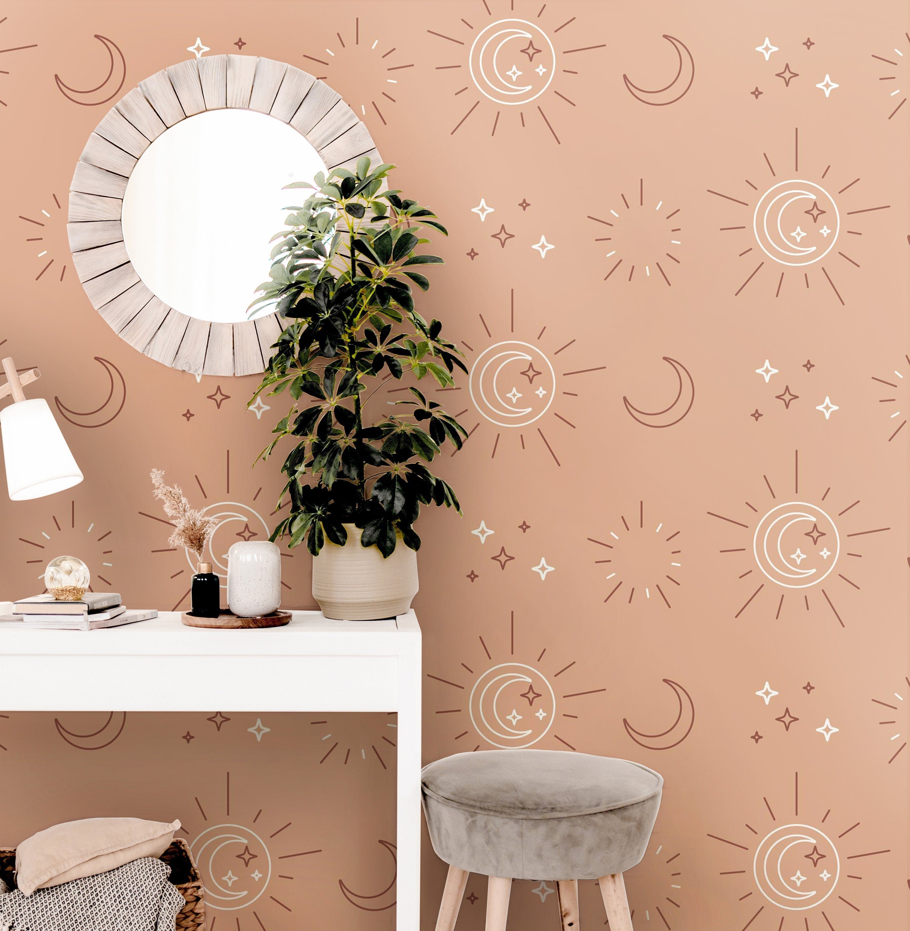 Pink Boho Sun Moon Wallpaper Peel and Stick Wallpaper Removable Wallpaper Wall Decor Home Decor Wall Art Printable Wall Art Room Decor 120 - JamesAndColors