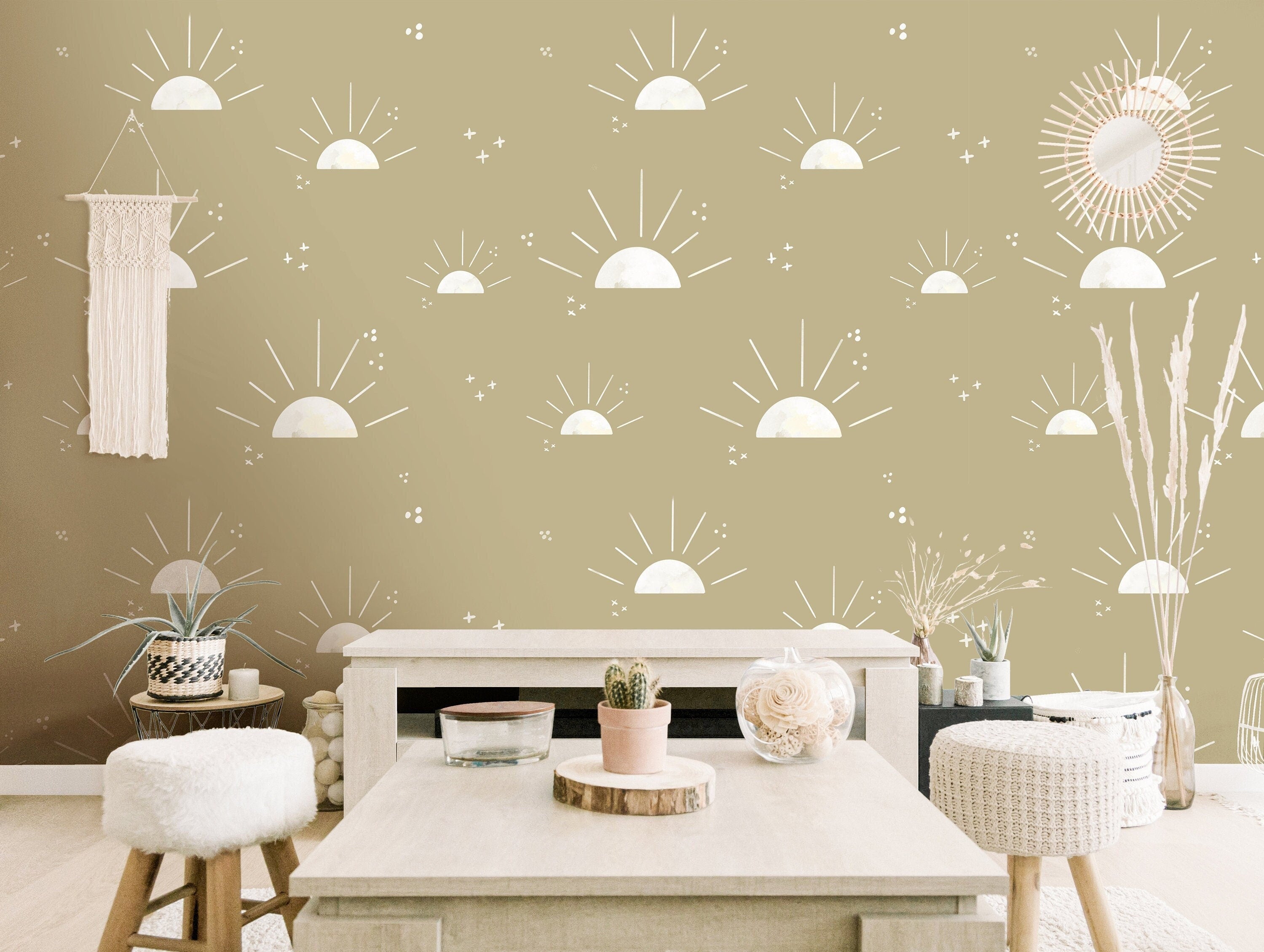 Wallpaper Peel and Stick Wallpaper Muted Sunset Yellow Cream Sun Boho Removable Wallpaper Wall Decor Home Decor Wall Art Room Decor 192 - JamesAndColors