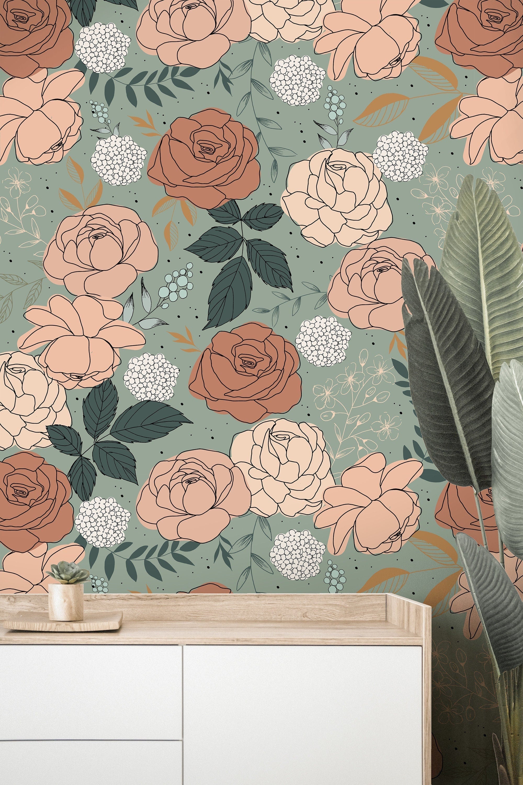 Teal Floral Roses Wallpaper Peel and Stick Wallpaper Removable Wallpaper Wall Decor Home Decor Wall Art Printable Wall Art Room Decor 155 - JamesAndColors