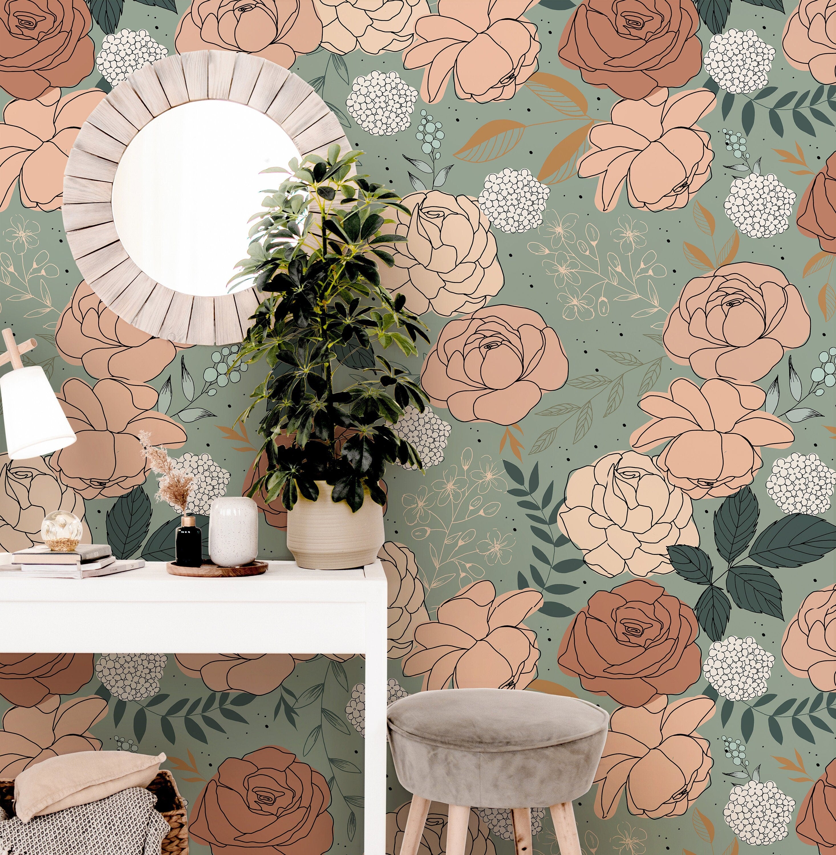 Teal Floral Roses Wallpaper Peel and Stick Wallpaper Removable Wallpaper Wall Decor Home Decor Wall Art Printable Wall Art Room Decor 155 - JamesAndColors