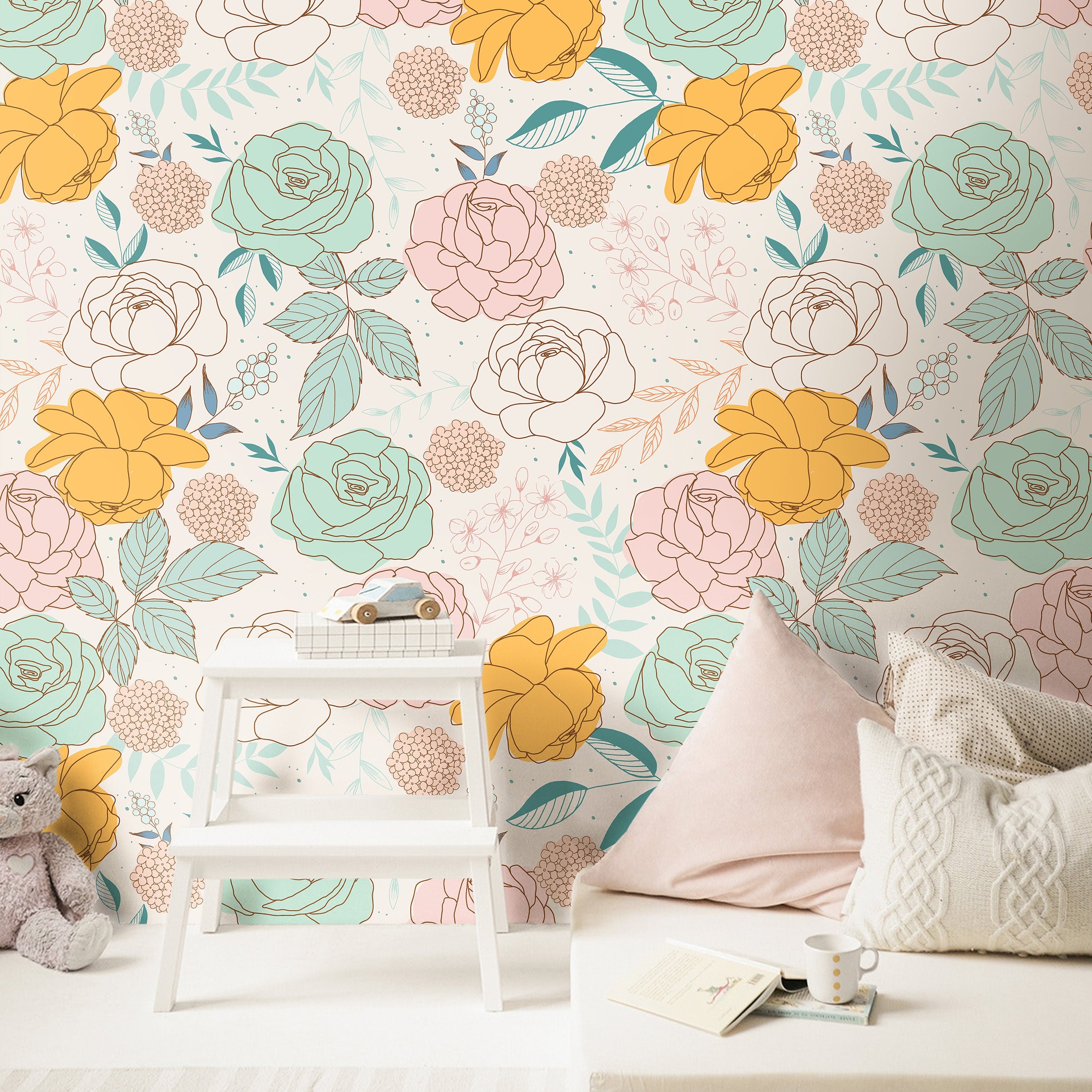 Mint Pink Yellow Floral Wallpaper | Girls Nursery Wallpaper | Kids Wallpaper | Childrens Wallpaper | Peel Stick Removable Wallpaper | 158 - JamesAndColors