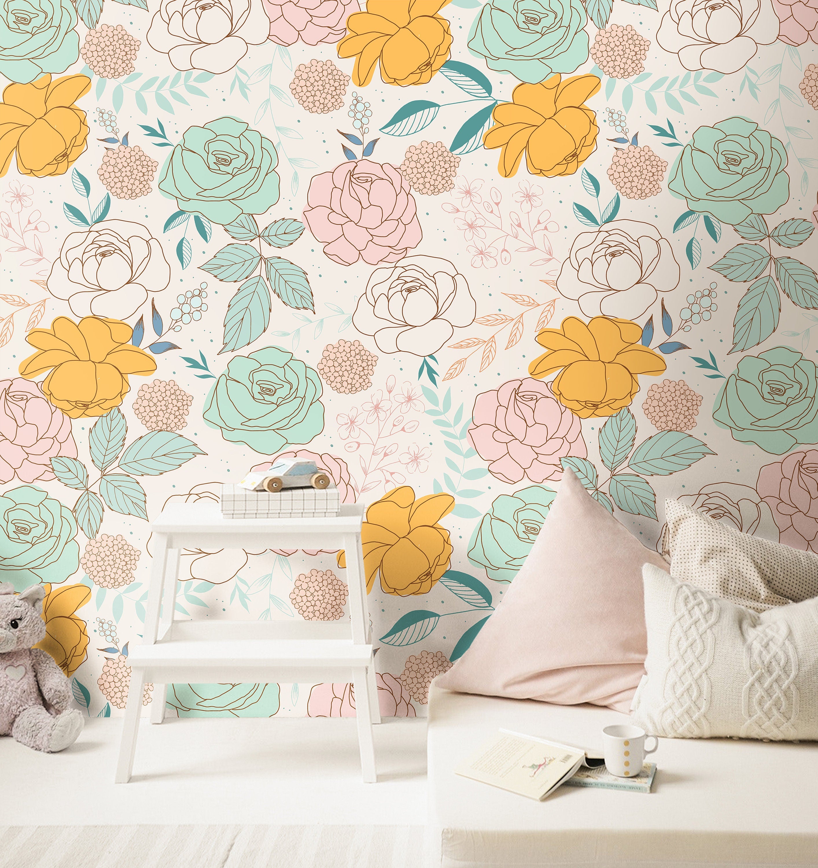 Mint Pink Yellow Floral Wallpaper | Girls Nursery Wallpaper | Kids Wallpaper | Childrens Wallpaper | Peel Stick Removable Wallpaper | 158 - JamesAndColors