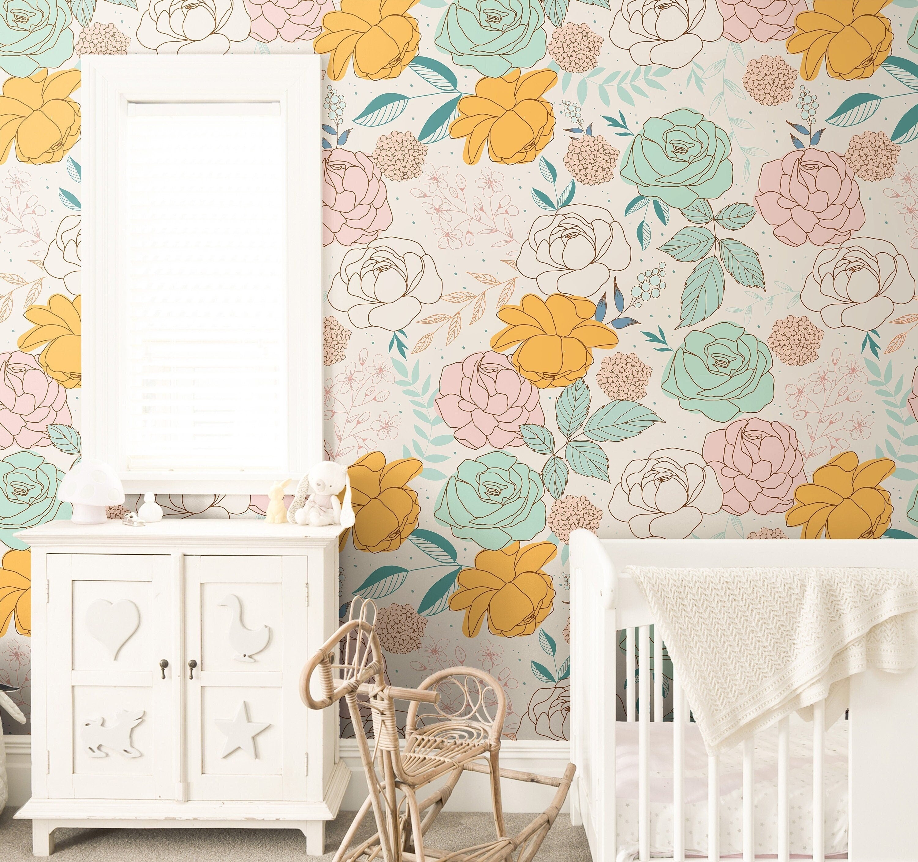 Mint Pink Yellow Floral Wallpaper | Girls Nursery Wallpaper | Kids Wallpaper | Childrens Wallpaper | Peel Stick Removable Wallpaper | 158 - JamesAndColors