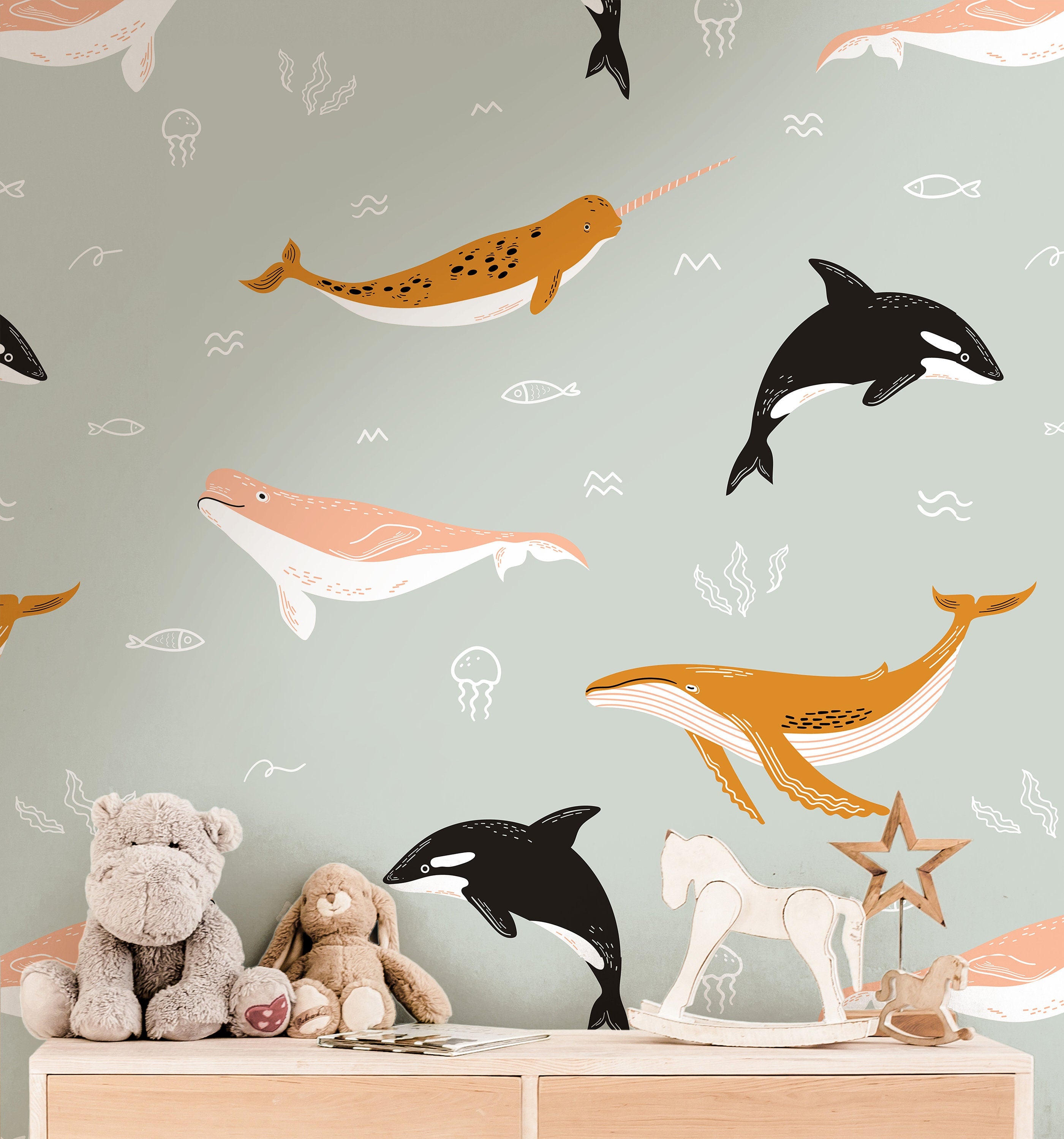 Boho Ocean Whales Gray Wallpaper | Girls Nursery Wallpaper | Kids Wallpaper | Childrens Wallpaper | Peel Stick Removable Wallpaper | 217 - JamesAndColors