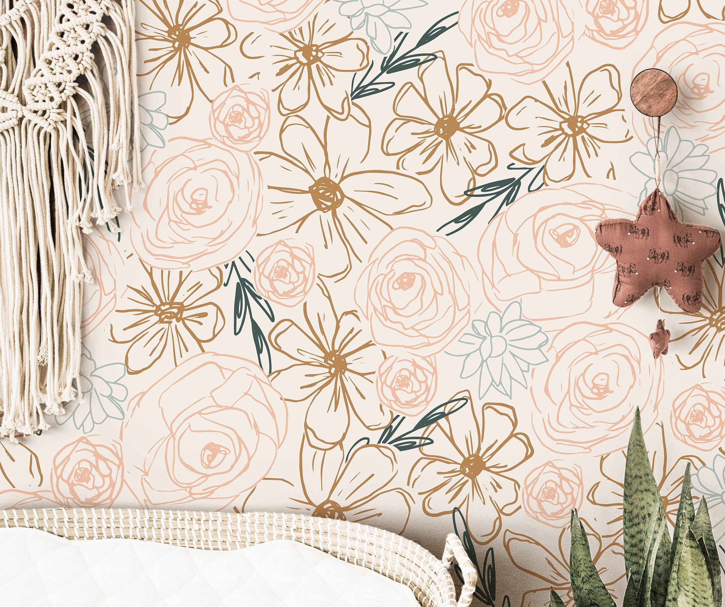 Wallpaper 162: A delicate hand-drawn floral wallpaper featuring soft blush roses, golden wildflowers, and neutral botanical sketches on a cream background, creating a minimalist and modern boho aesthetic for nurseries, bedrooms, and cozy interiors.