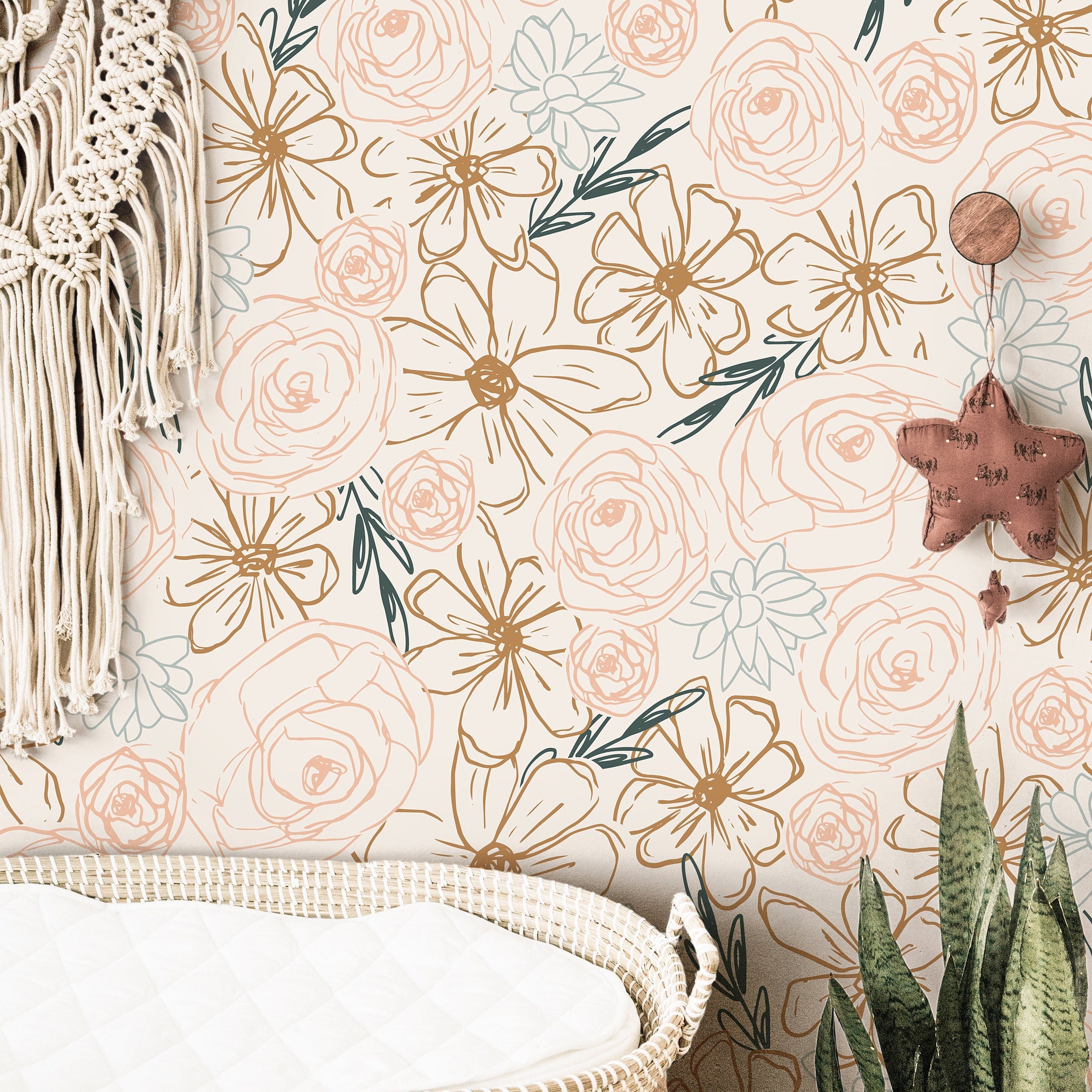 Wallpaper 162: A delicate hand-drawn floral wallpaper featuring soft blush roses, golden wildflowers, and neutral botanical sketches on a cream background, creating a minimalist and modern boho aesthetic for nurseries, bedrooms, and cozy interiors.
