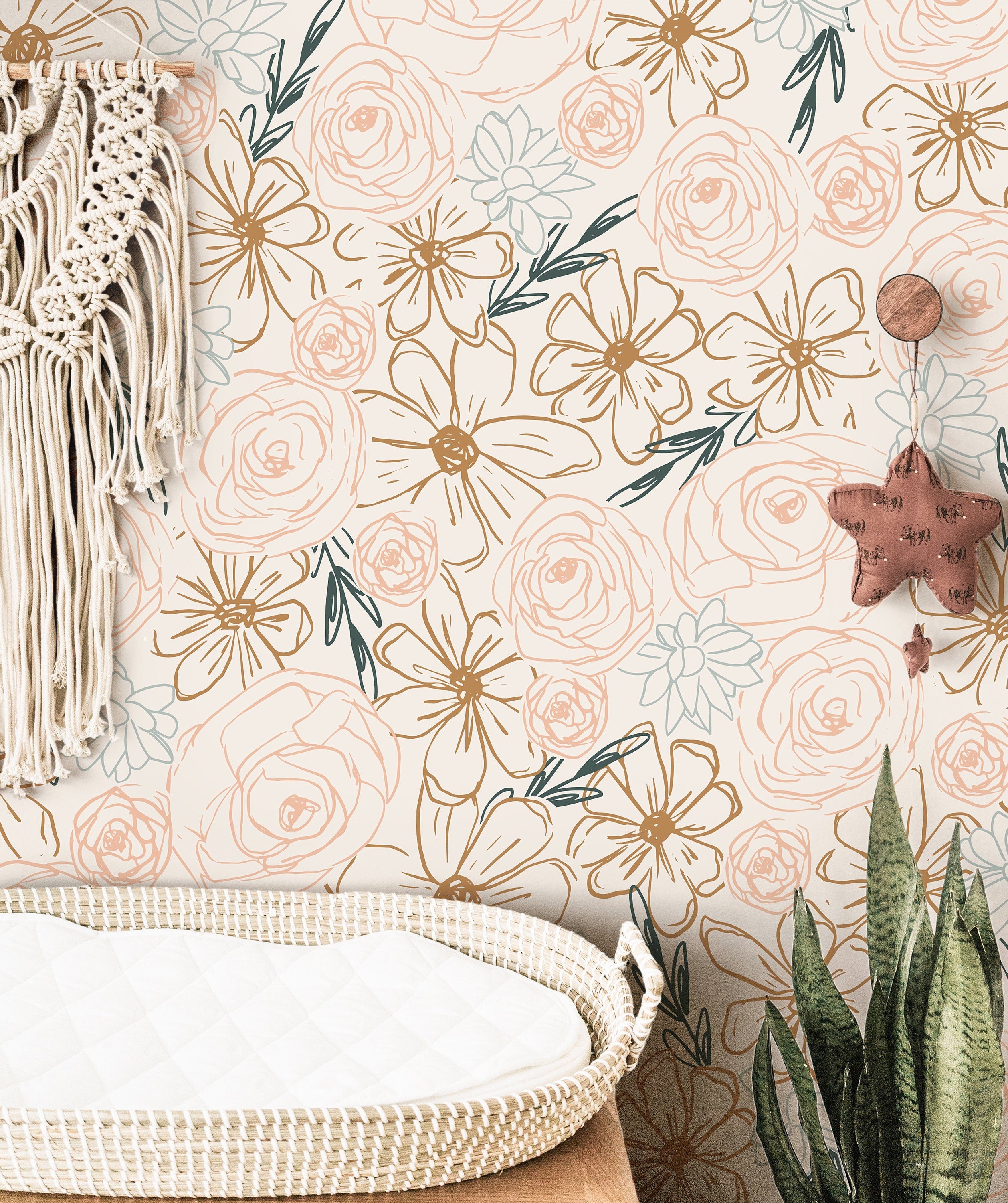 Neutral Floral Outline Wallpaper | Girls Nursery Wallpaper | Kids Wallpaper | Childrens Wallpaper | Peel Stick Removable Wallpaper | 162 - JamesAndColors