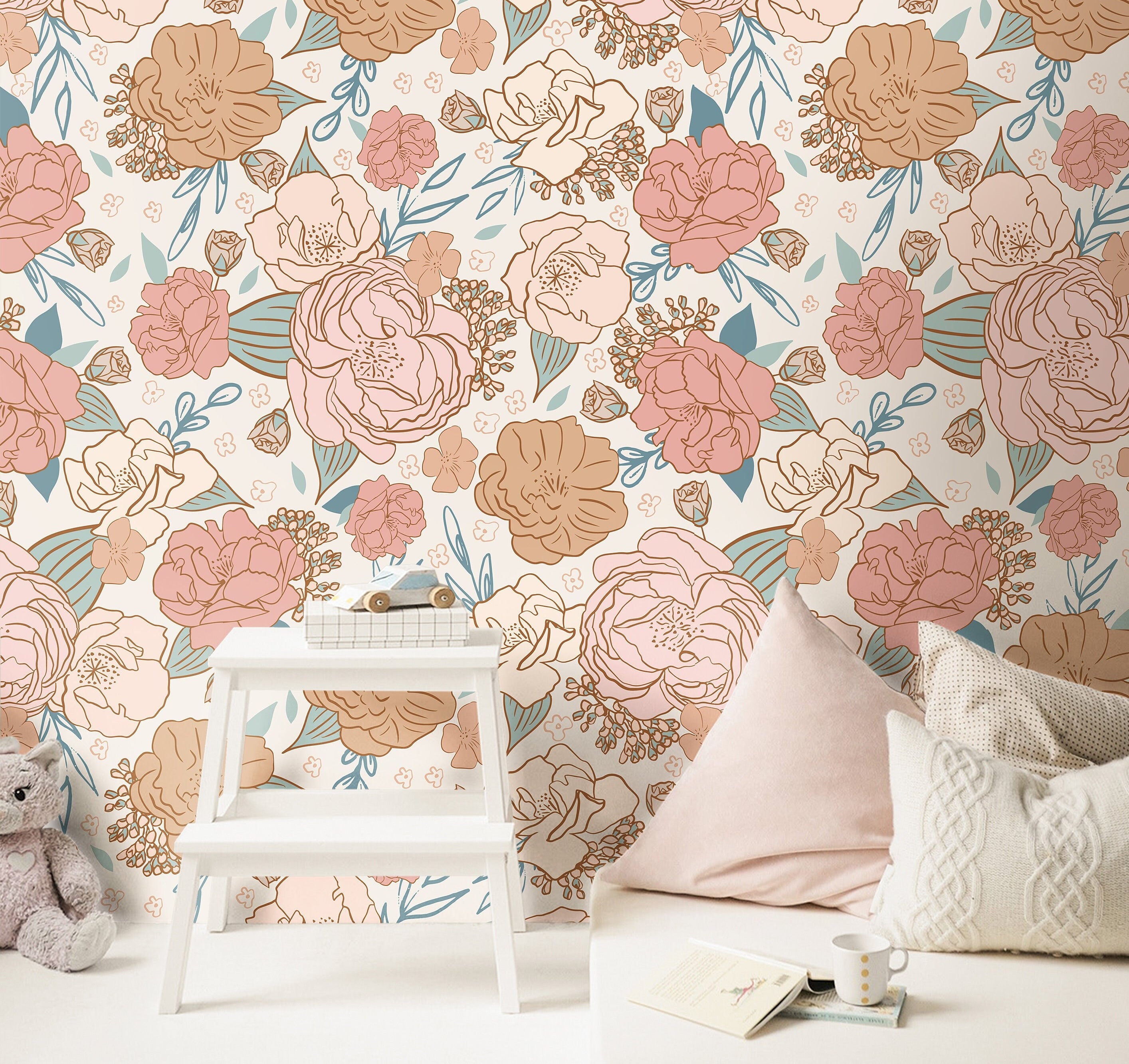 Pink Floral Rose Wallpaper | Girls Nursery Wallpaper | Kids Wallpaper | Childrens Wallpaper | Peel Stick Removable Wallpaper | 164 - JamesAndColors