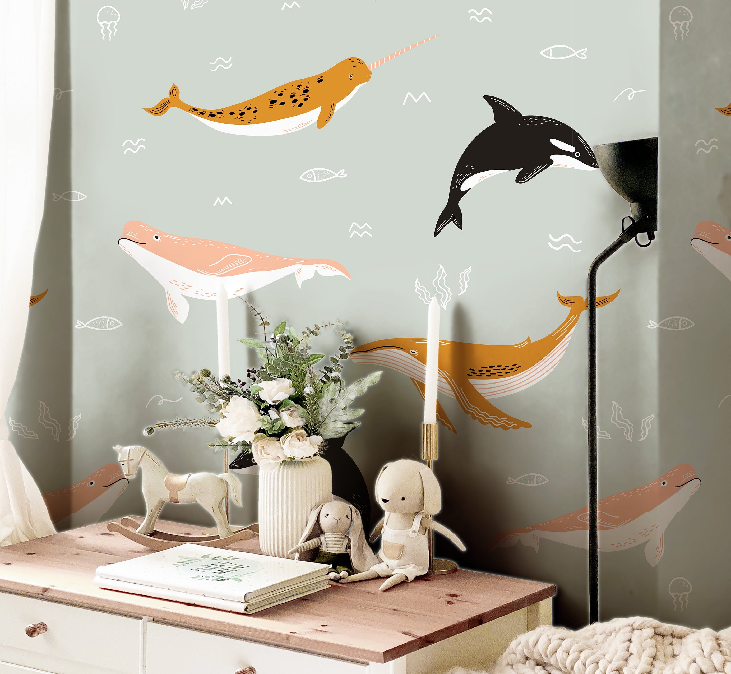 Boho Ocean Whales Gray Wallpaper | Girls Nursery Wallpaper | Kids Wallpaper | Childrens Wallpaper | Peel Stick Removable Wallpaper | 217 - JamesAndColors