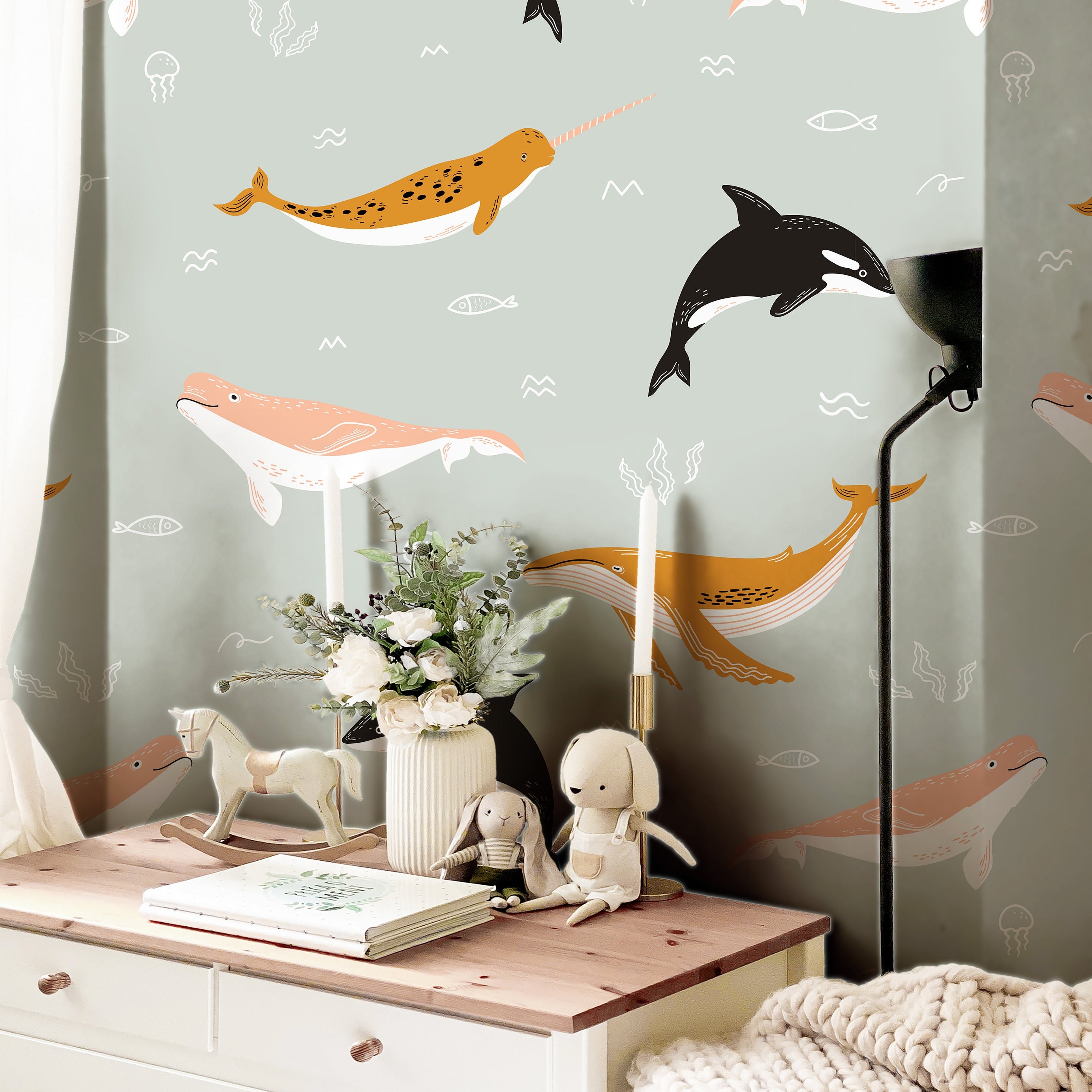 Boho Ocean Whales Gray Wallpaper | Girls Nursery Wallpaper | Kids Wallpaper | Childrens Wallpaper | Peel Stick Removable Wallpaper | 217 - JamesAndColors