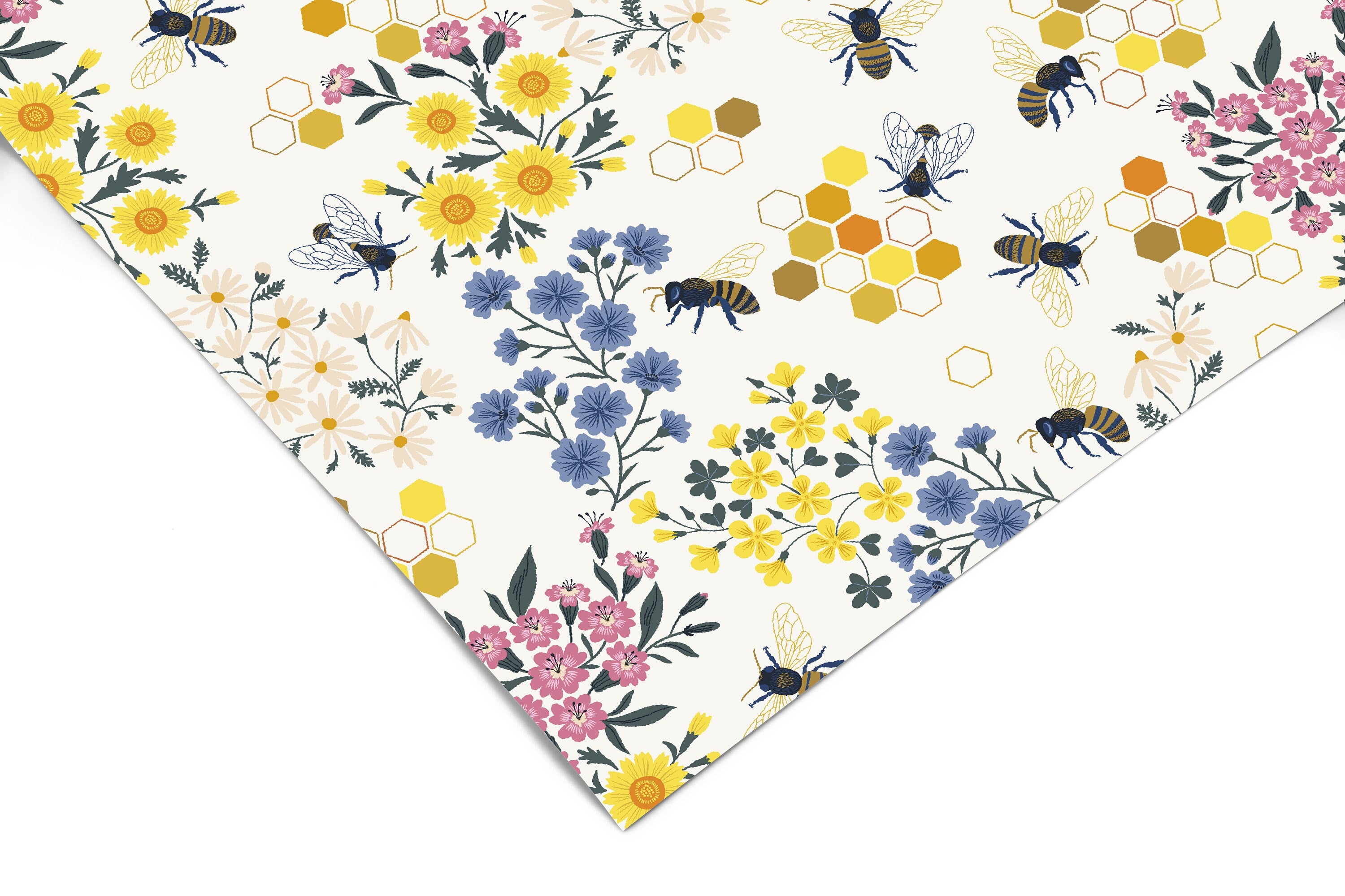 Honeybee Floral Contact Paper | Peel And Stick Wallpaper | Removable Wallpaper | Shelf Liner | Drawer Liner | Peel and Stick Paper 1355