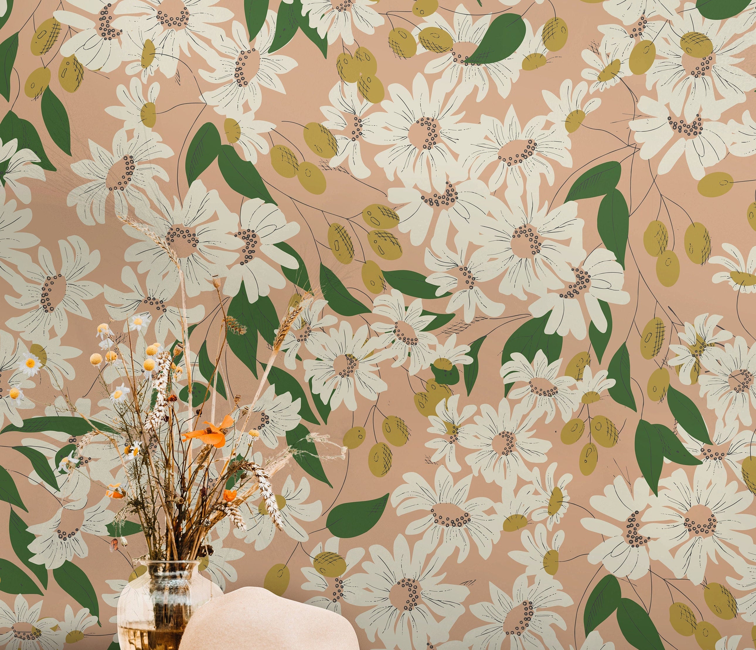 Vintage Pink Floral Wallpaper Peel and Stick Wallpaper Removable Wallpaper Wall Decor Home Decor Wall Art Printable Wall Art Room Decor 326