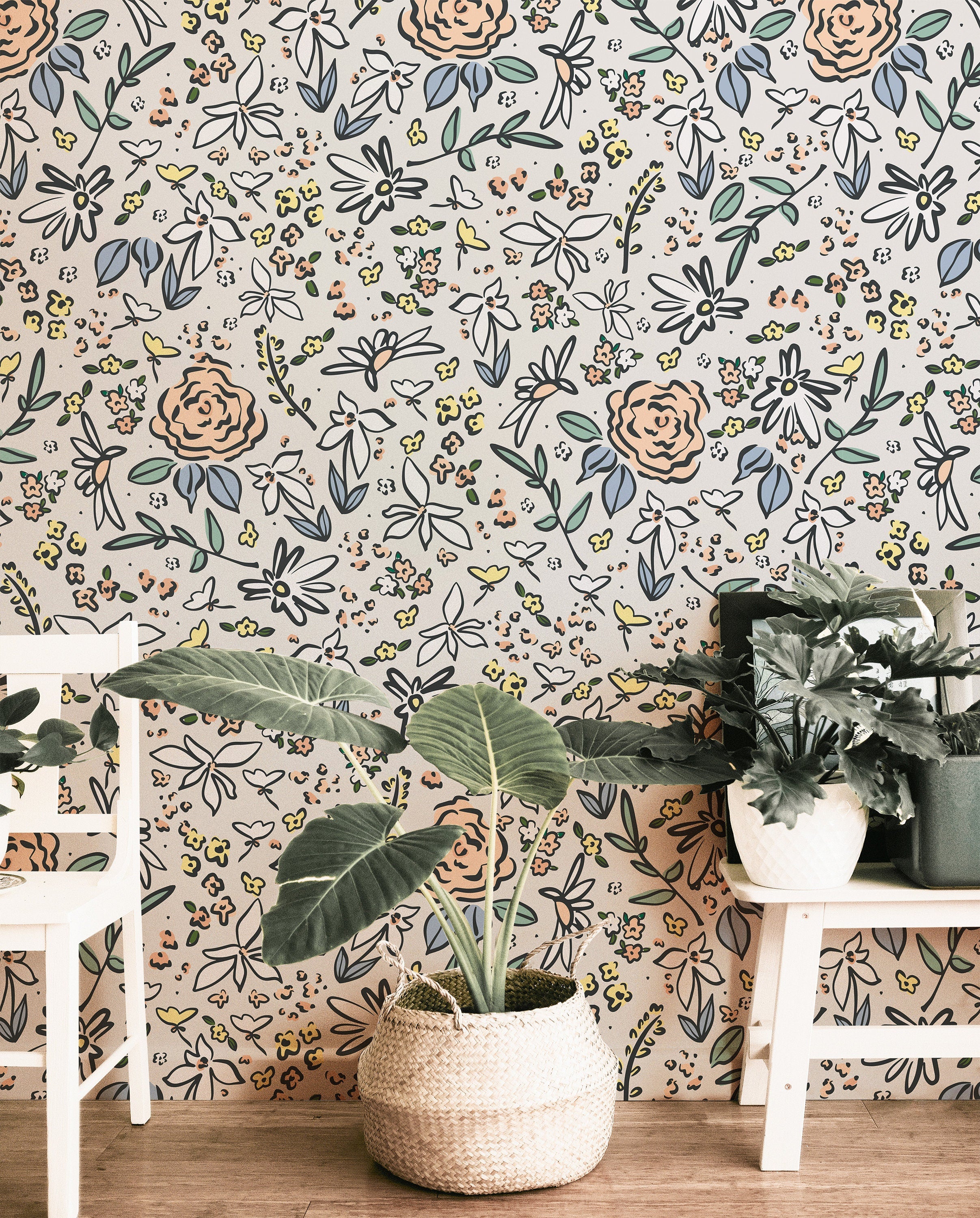 Floral Doodle Wallpaper Peel and Stick Wallpaper Removable Wallpaper Wall Decor Home Decor Wall Art Printable Wall Art Room Decor 334
