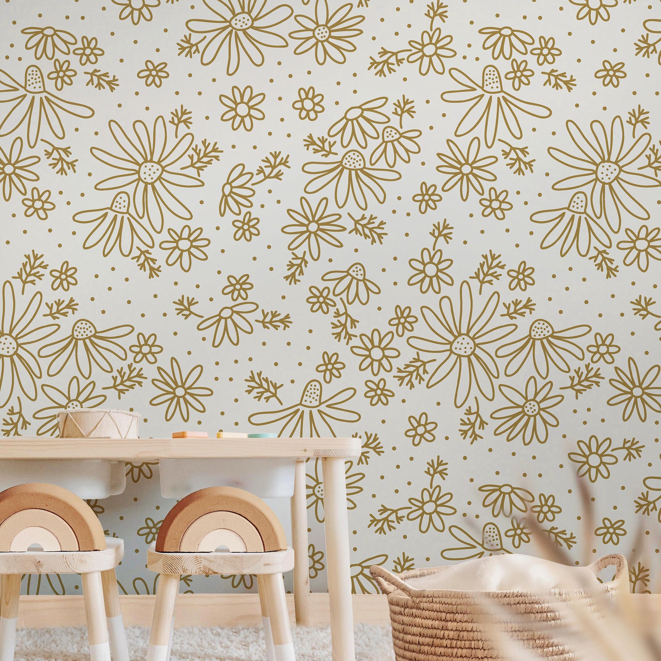 Golden Daisy Floral Wallpaper | Girls Nursery Wallpaper | Kids Wallpaper | Childrens Wallpaper | Peel Stick Removable Wallpaper | 364