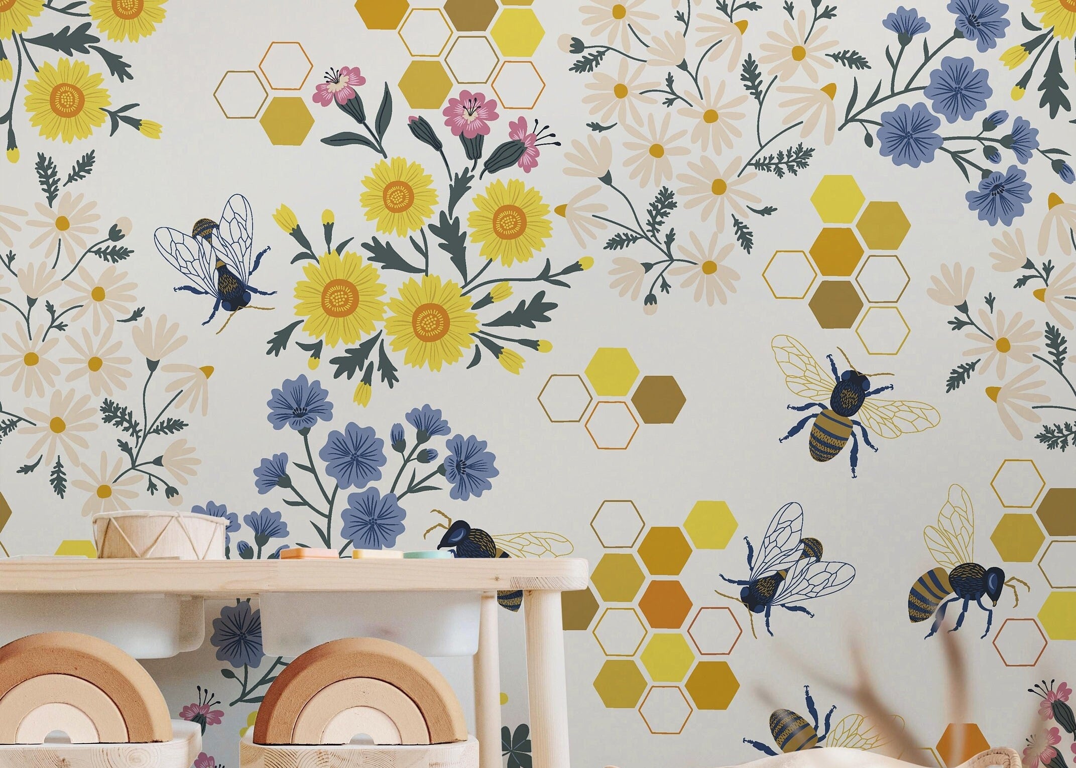 Honeybee Floral Wallpaper | Girls Nursery Wallpaper | Kids Wallpaper | Childrens Wallpaper | Peel Stick Removable Wallpaper | 363