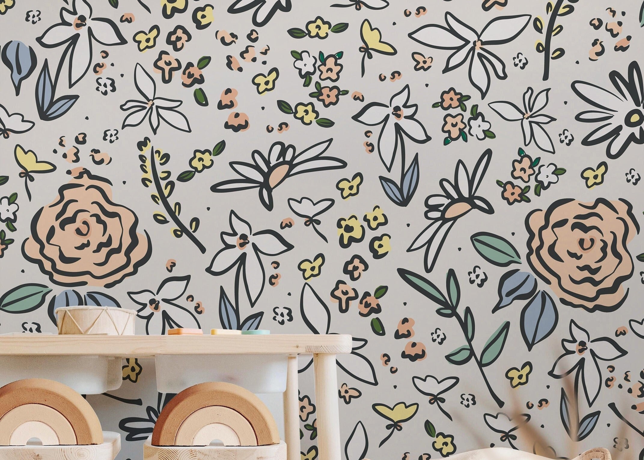 Pastel Floral Outline Wallpaper | Girls Nursery Wallpaper | Kids Wallpaper | Childrens Wallpaper | Peel Stick Removable Wallpaper | 297