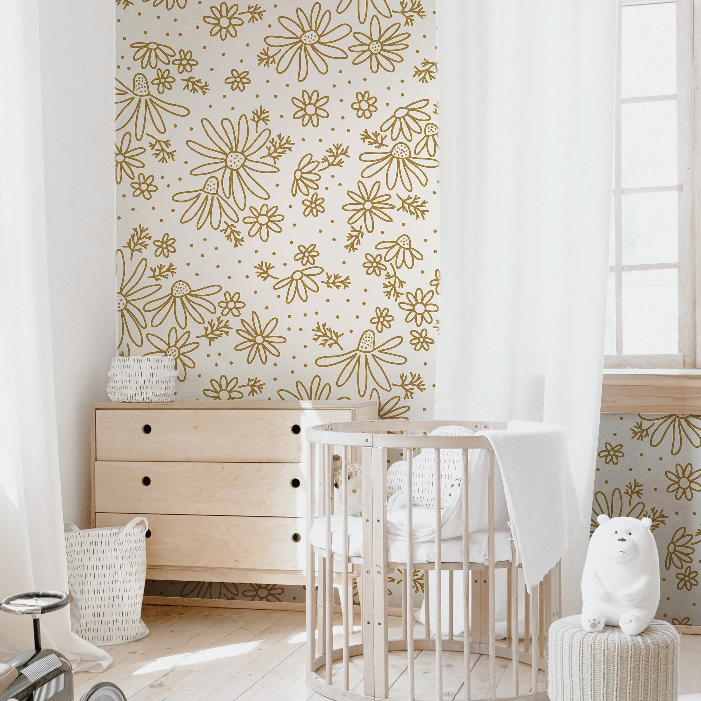 Golden Daisy Floral Wallpaper | Girls Nursery Wallpaper | Kids Wallpaper | Childrens Wallpaper | Peel Stick Removable Wallpaper | 364