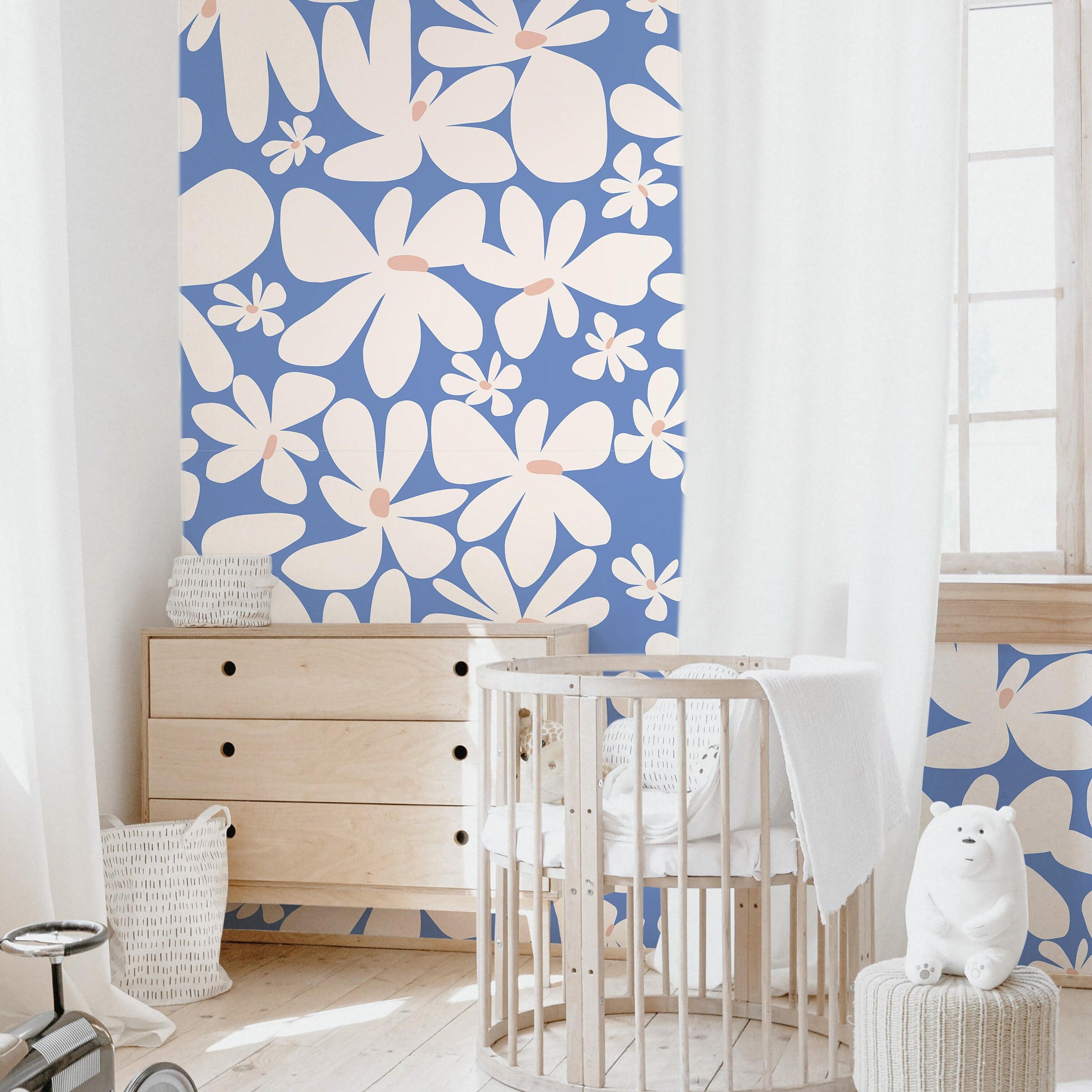 Large Retro Blue Floral Wallpaper | Girls Nursery Wallpaper | Kids Wallpaper | Childrens Wallpaper | Peel Stick Removable Wallpaper | 361