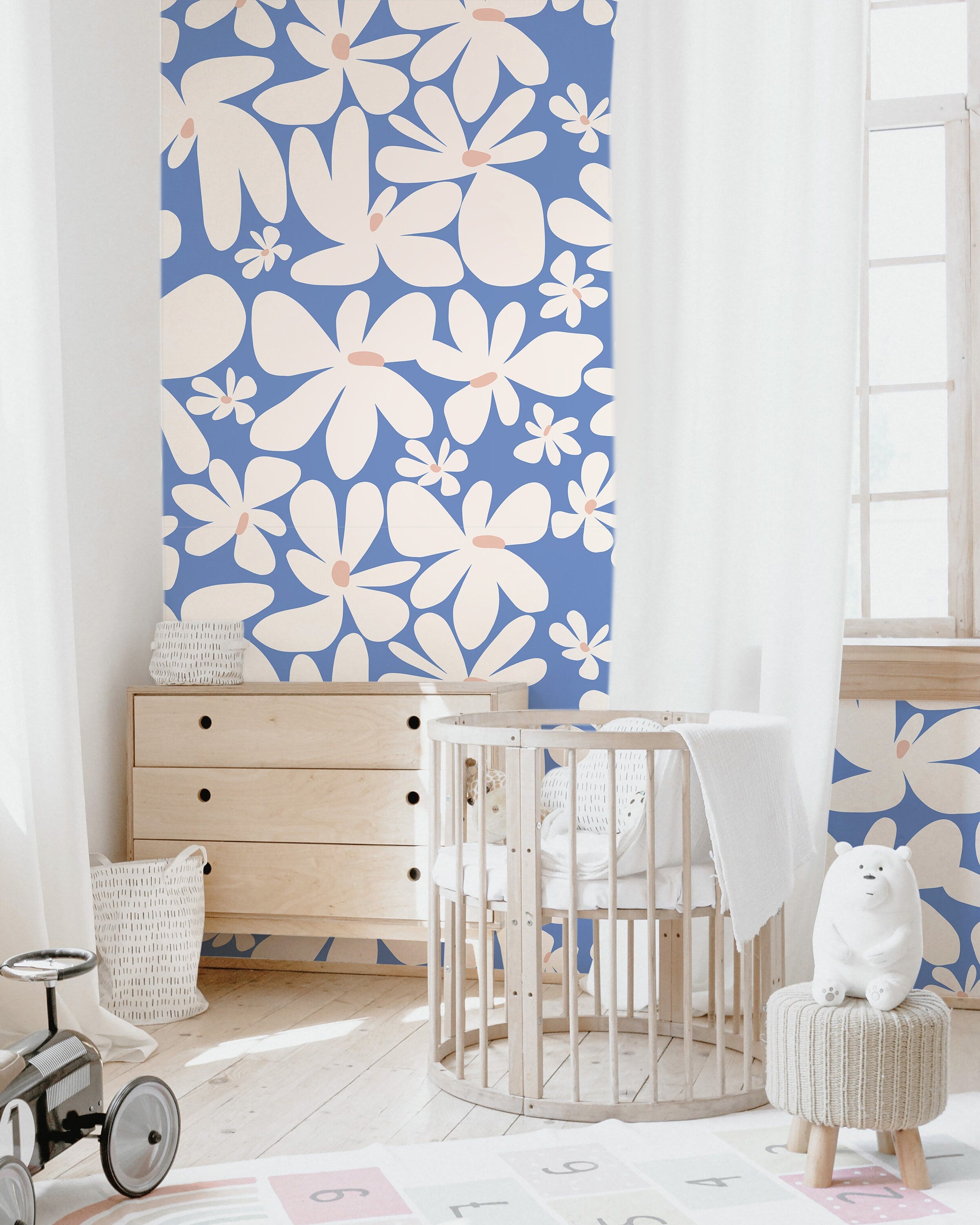 Large Retro Blue Floral Wallpaper | Girls Nursery Wallpaper | Kids Wallpaper | Childrens Wallpaper | Peel Stick Removable Wallpaper | 361