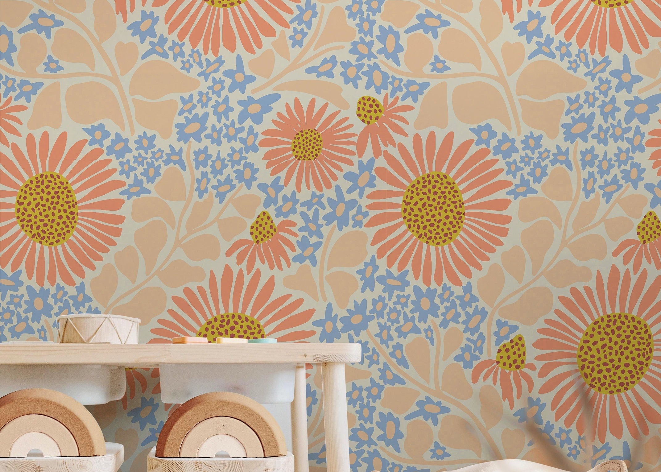 Large Pastel Floral Wallpaper | Girls Nursery Wallpaper | Kids Wallpaper | Childrens Wallpaper | Peel Stick Removable Wallpaper | 355