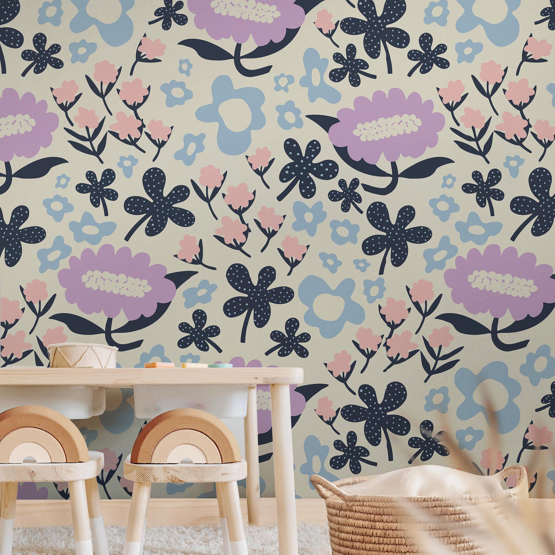 Floral Garden Wallpaper | Girls Nursery Wallpaper | Kids Wallpaper | Childrens Wallpaper | Peel Stick Removable Wallpaper | 356