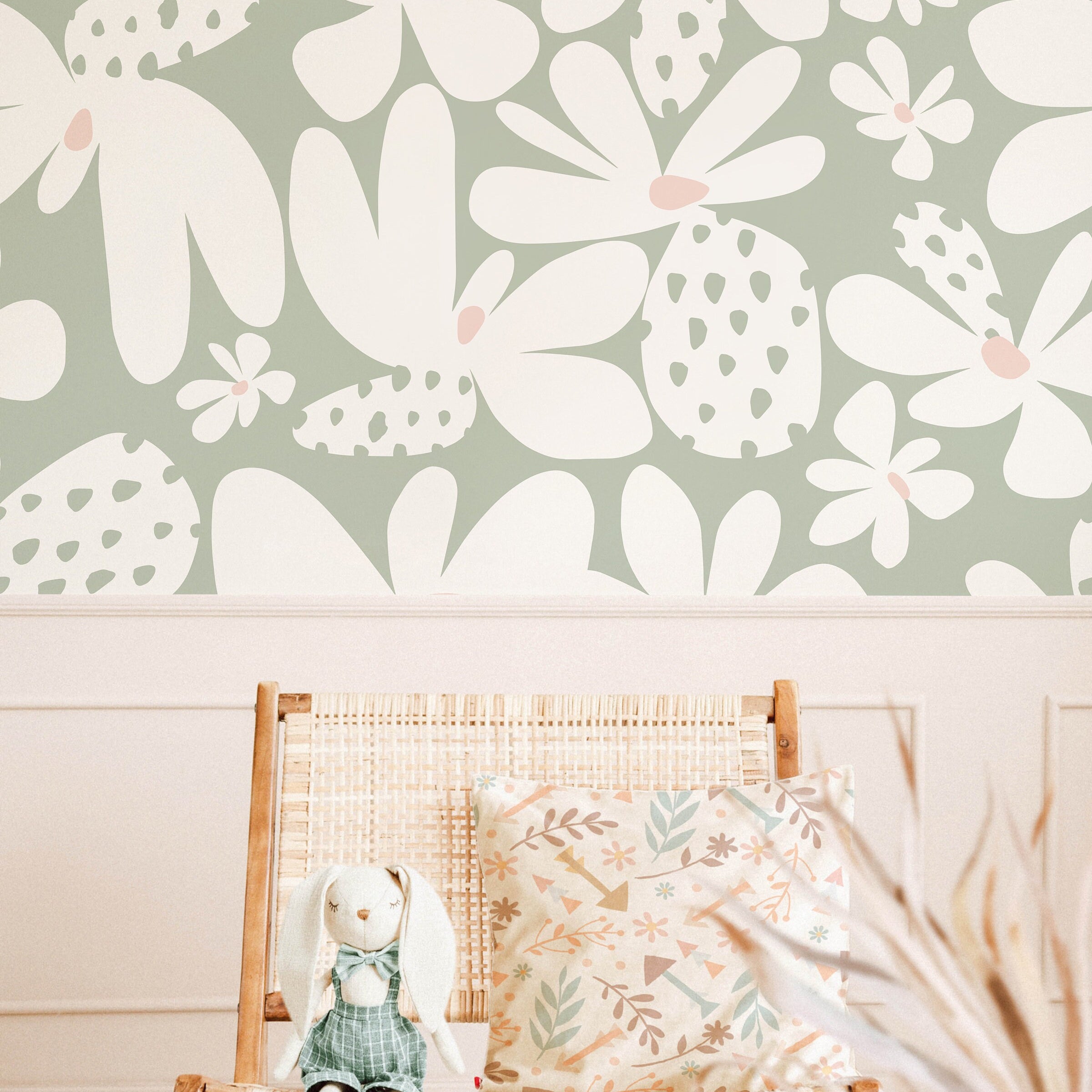 Large Retro Floral Pastel Wallpaper | Girls Nursery Wallpaper | Kids Wallpaper | Childrens Wallpaper | Peel Stick Removable Wallpaper | 365