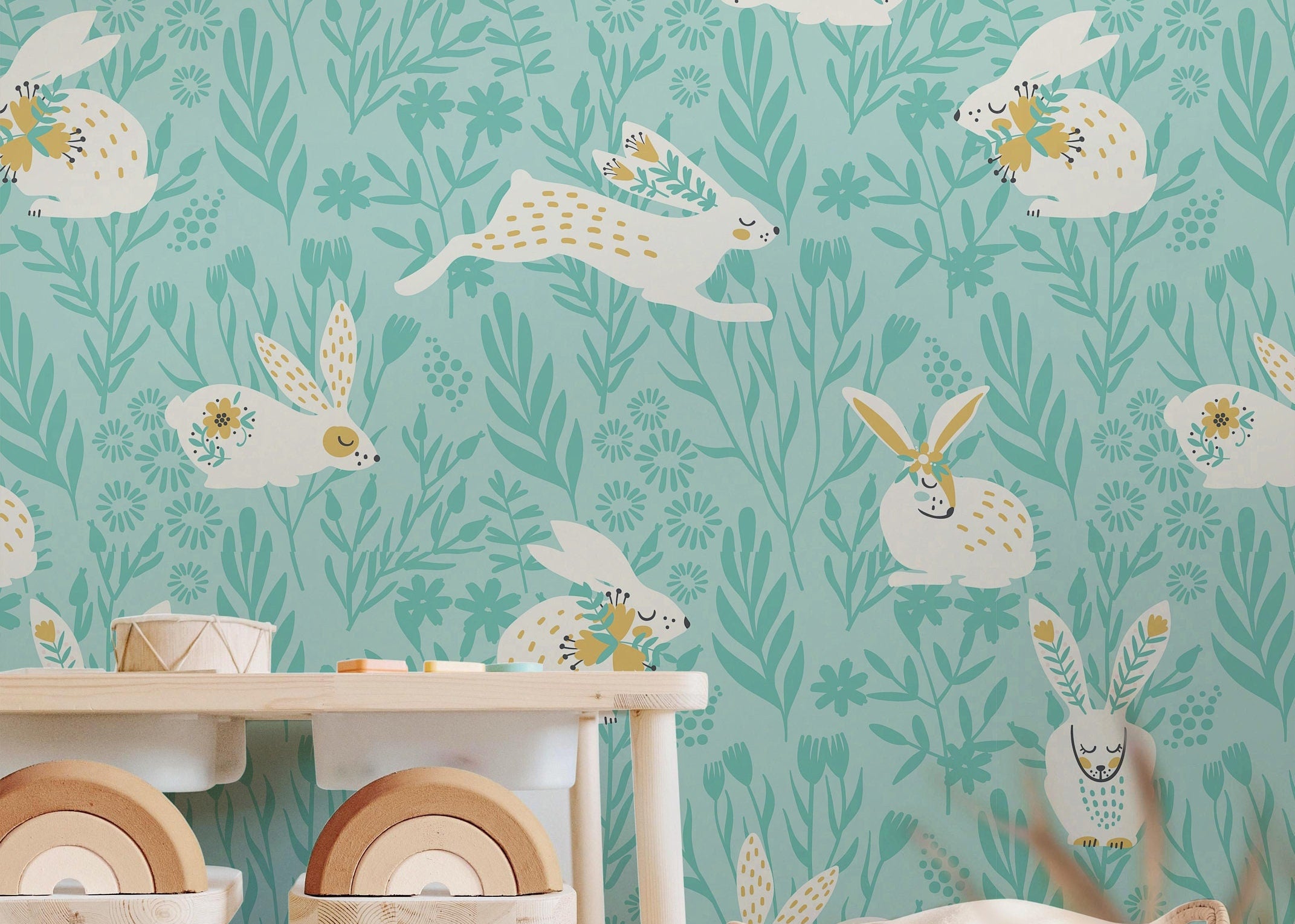 Floral Bunnies Wallpaper | Girls Nursery Wallpaper | Kids Wallpaper | Childrens Wallpaper | Peel Stick Removable Wallpaper | 357