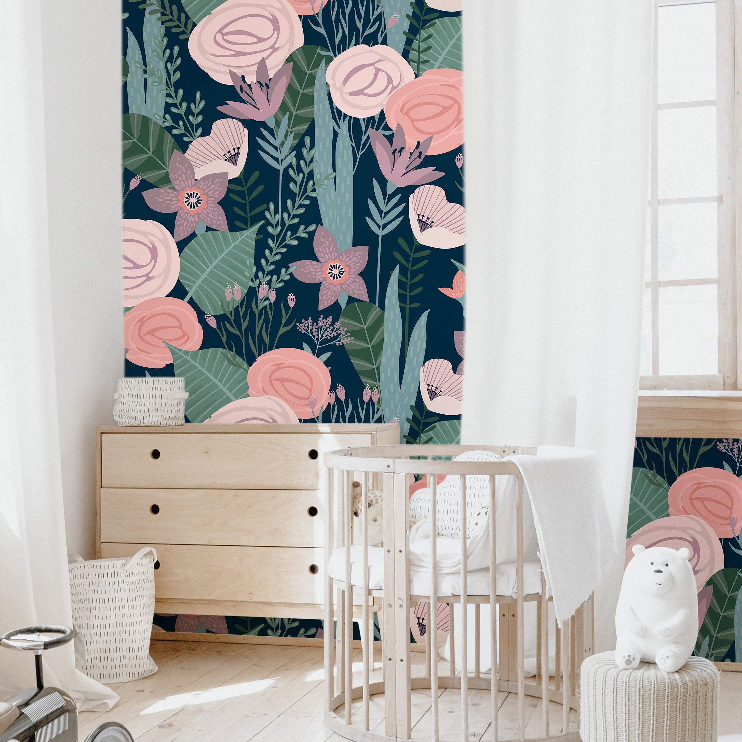 Dark Tropical Floral Wallpaper | Girls Nursery Wallpaper | Kids Wallpaper | Childrens Wallpaper | Peel Stick Removable Wallpaper | 358