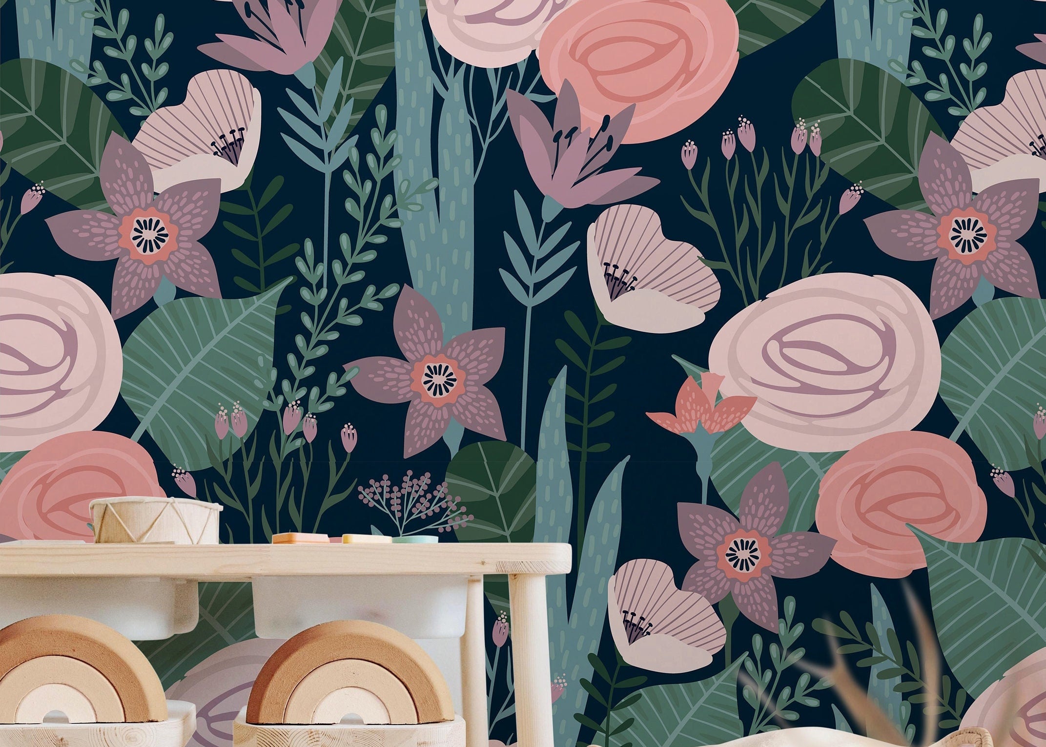 Dark Tropical Floral Wallpaper | Girls Nursery Wallpaper | Kids Wallpaper | Childrens Wallpaper | Peel Stick Removable Wallpaper | 358